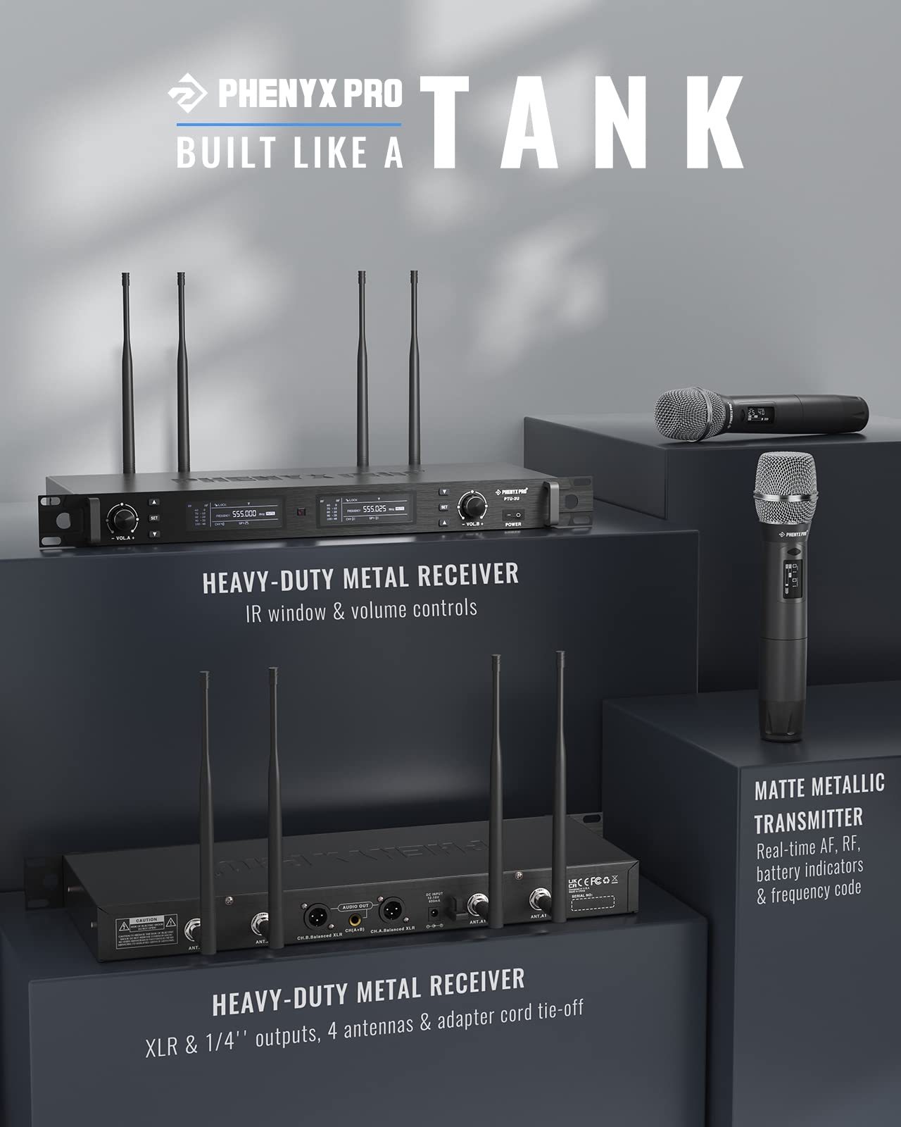 Phenyx Pro Wireless Microphone System, True Diversity Dual Cordless Mic Set, Professional UHF Handheld Wireless Microphones w/Au