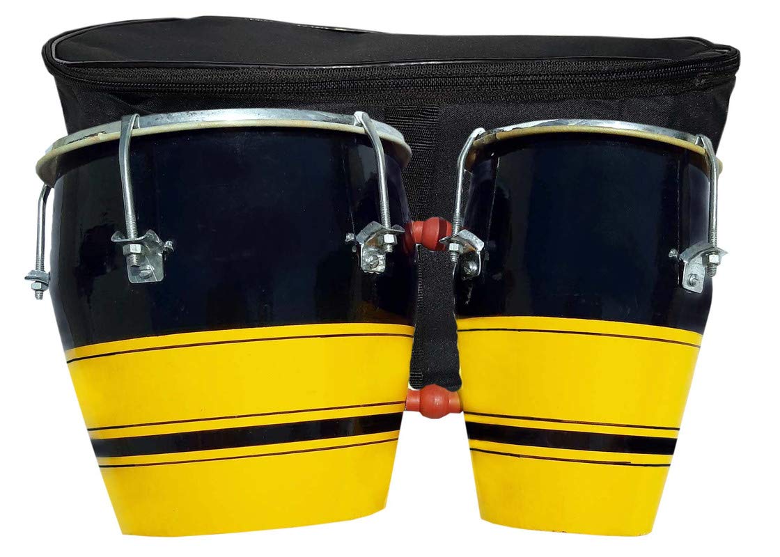 Gt Manufacturers Professional Two Piece Hand Made Wooden Bango Drum Set With Bag (Yellow-Black)