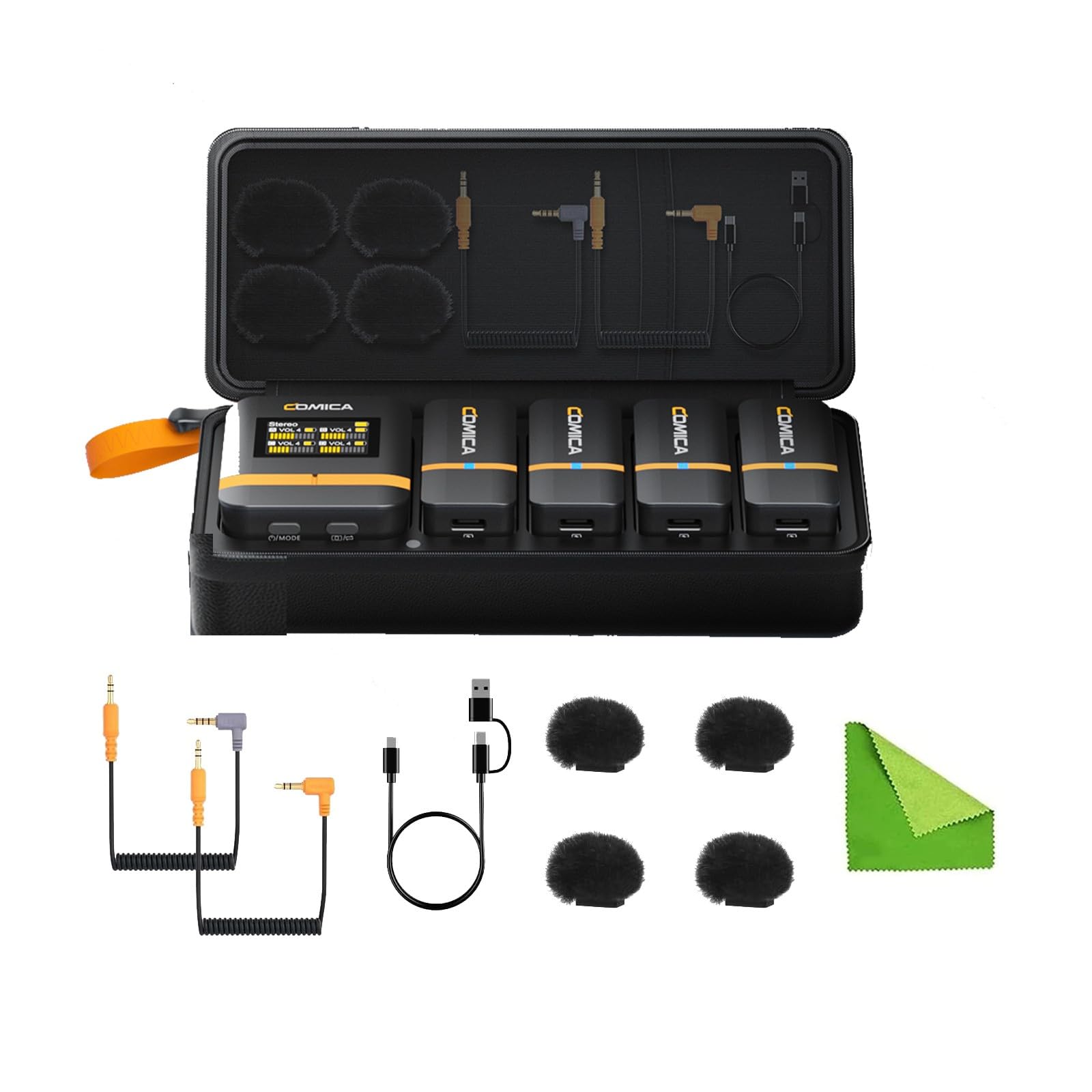 comica Vimo Q Four-Channel Mini Wireless Lavalier Microphone System with 4 Transmitters and 1 Receiver with Charging Case for Ph