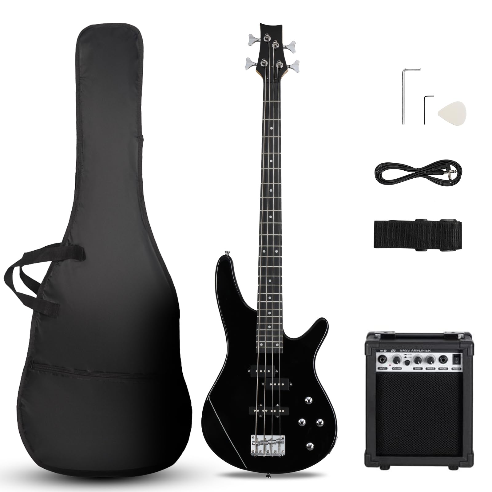 Ktaxon Electric Bass Guitar 4 String Bass Guitar With 20 Watt Amplifier, Pj Type Pickup, Naturally Air-Dried Maple Neck, Rosewoo