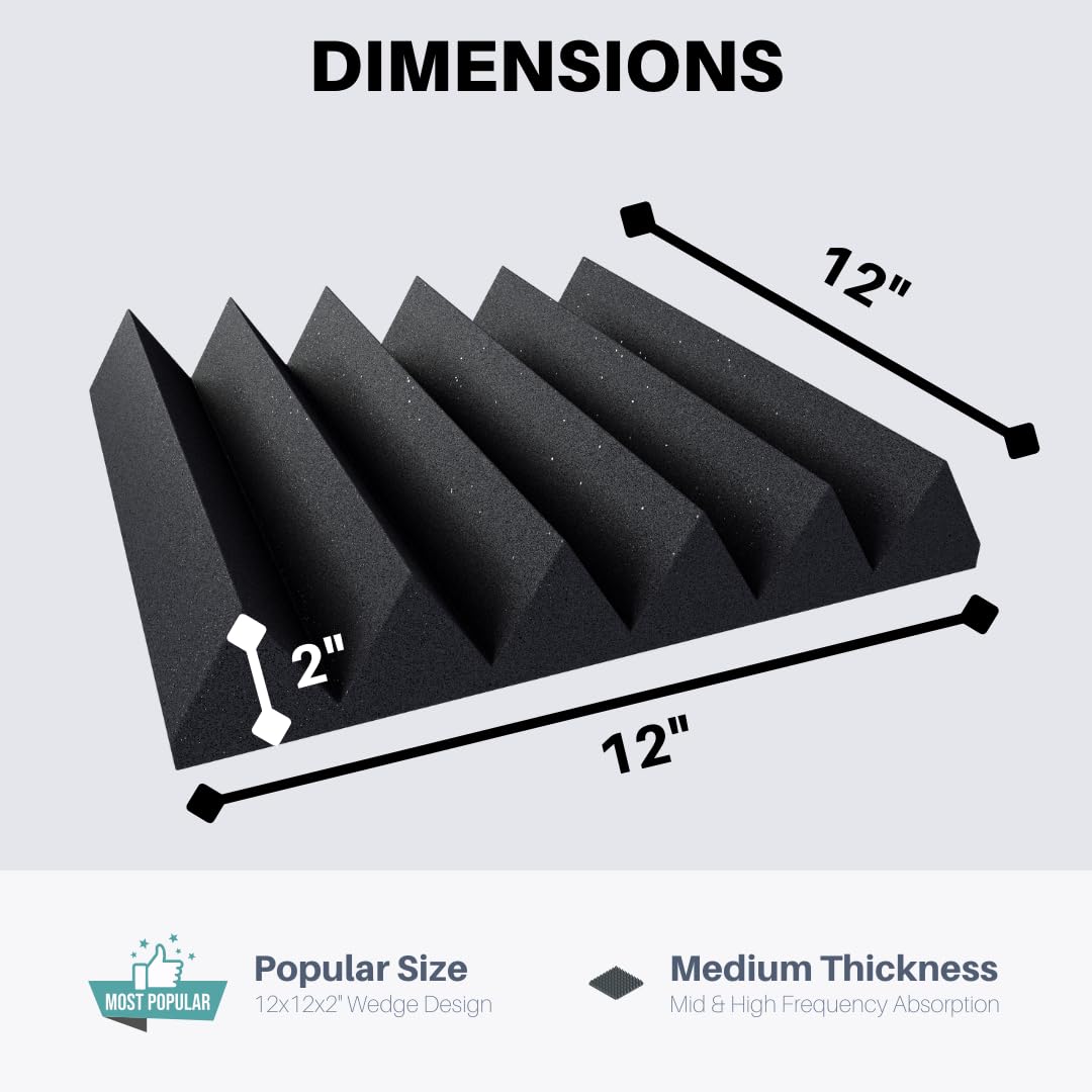 Professional Acoustic Foam Panels - Wedge Style 12x12x2    Tiles - 4 Pack - Studio Foam for Sound Dampening - Soundproofing Foam