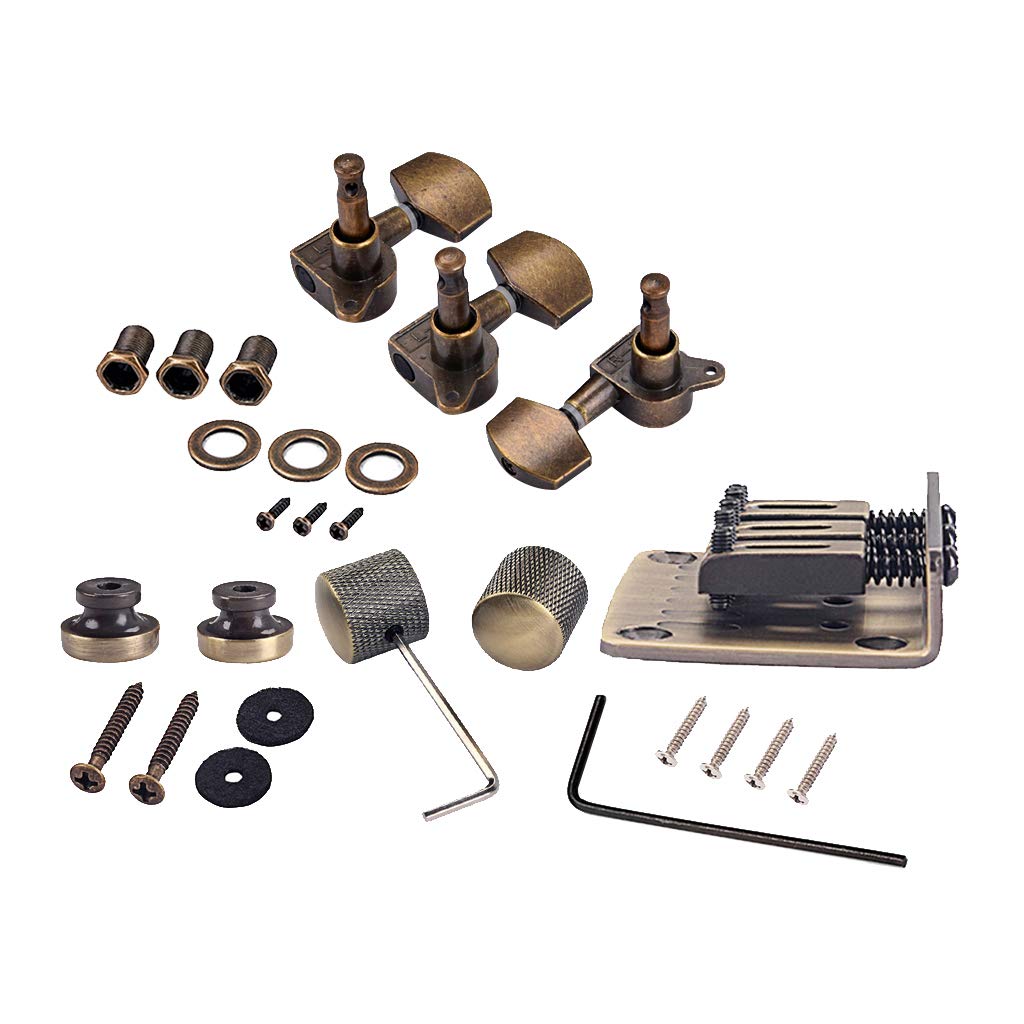 Alnicov Combo Kits Bronze Saddle Bridge Tuning Pegs Control Knobs Strap Locks Wrenches Screws Washers for 3 String Cigar Box Gui