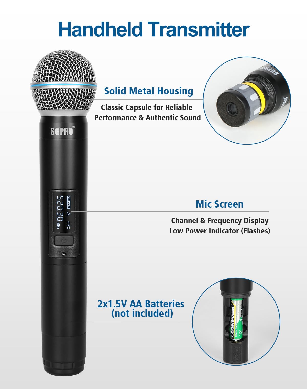 SGPRO 4-Channel Wireless Microphone System - 250Ft Range, Metal Mics & Receiver, Fixed Frequency Cordless Microphones Ideal for
