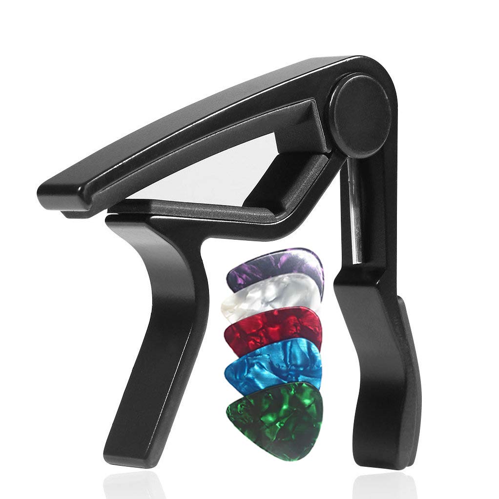 Wingo Guitar Capo For Acoustic And Electric Guitars With 5 Picks For Free, Black.