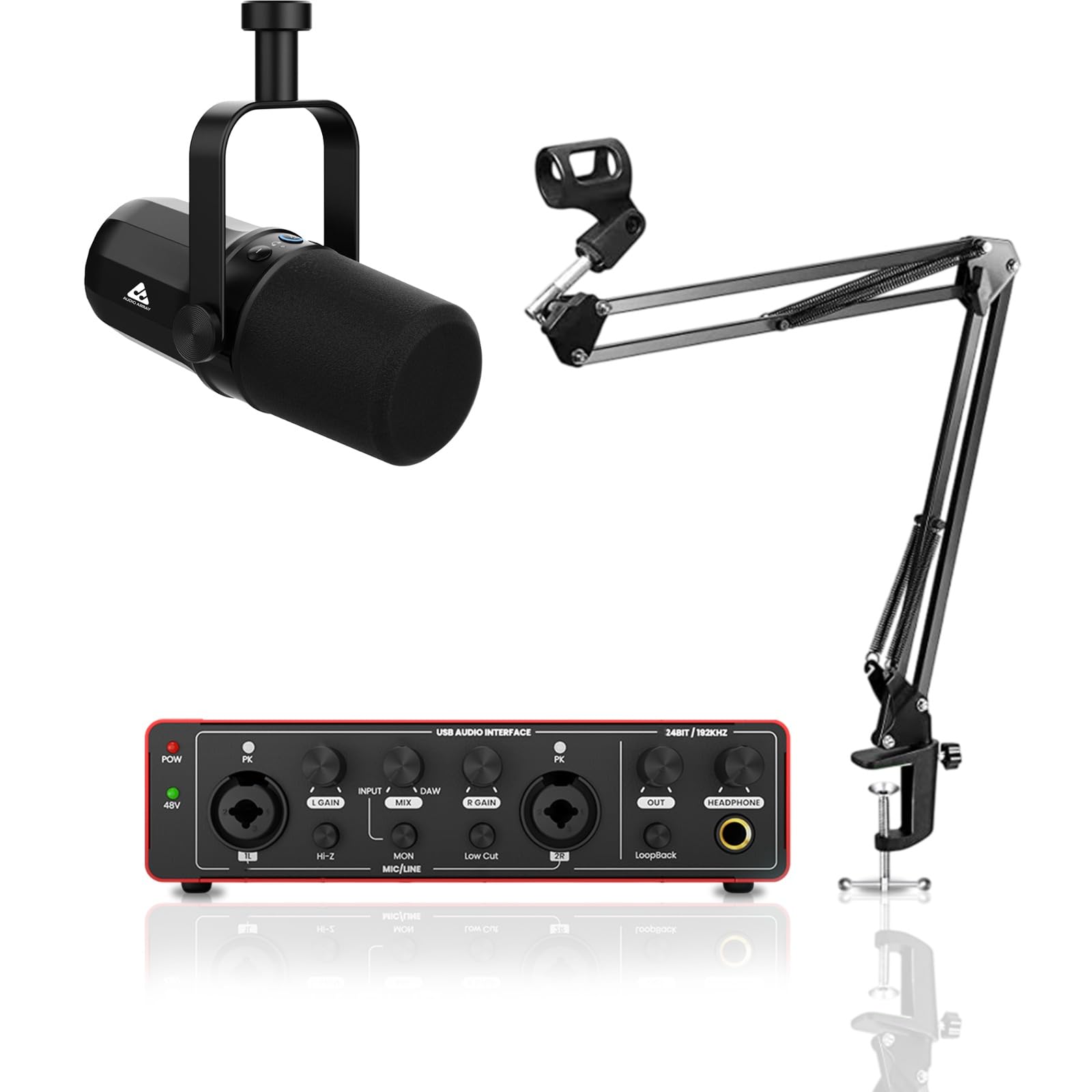 Audio Array Complete Podcast Bundle | Usb/Xlr Dynamic Mic With Audio Interface 24Bit/192Khz & Boom Arm Stand | Professional Stre
