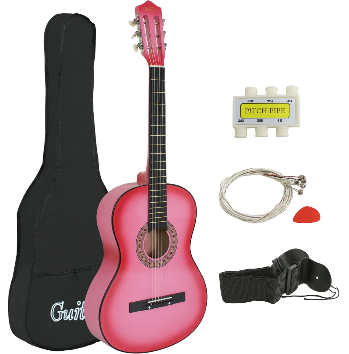 Zeny Beginners 38 Inch Acoustic Guitar Package Kit For Right-Handed Starters Kids Music Lovers W/Case, Strap, Pitch Pipe And Pic