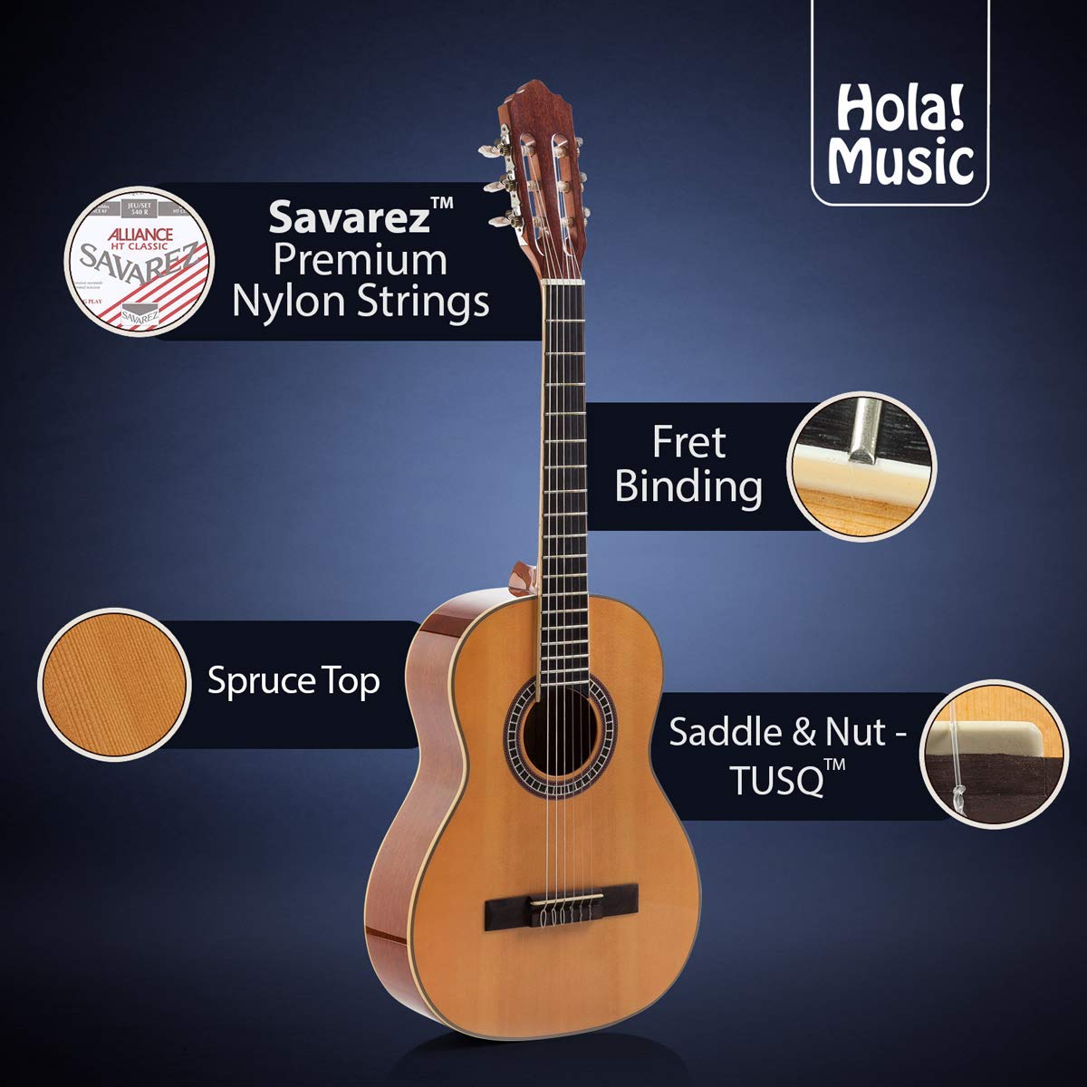 Classical Guitar with Soft Nylon Strings by Hola! Music, Half 1/2 Size 34 Inch for Junior Kids Model HG-34GLS, Natural Gloss Fin