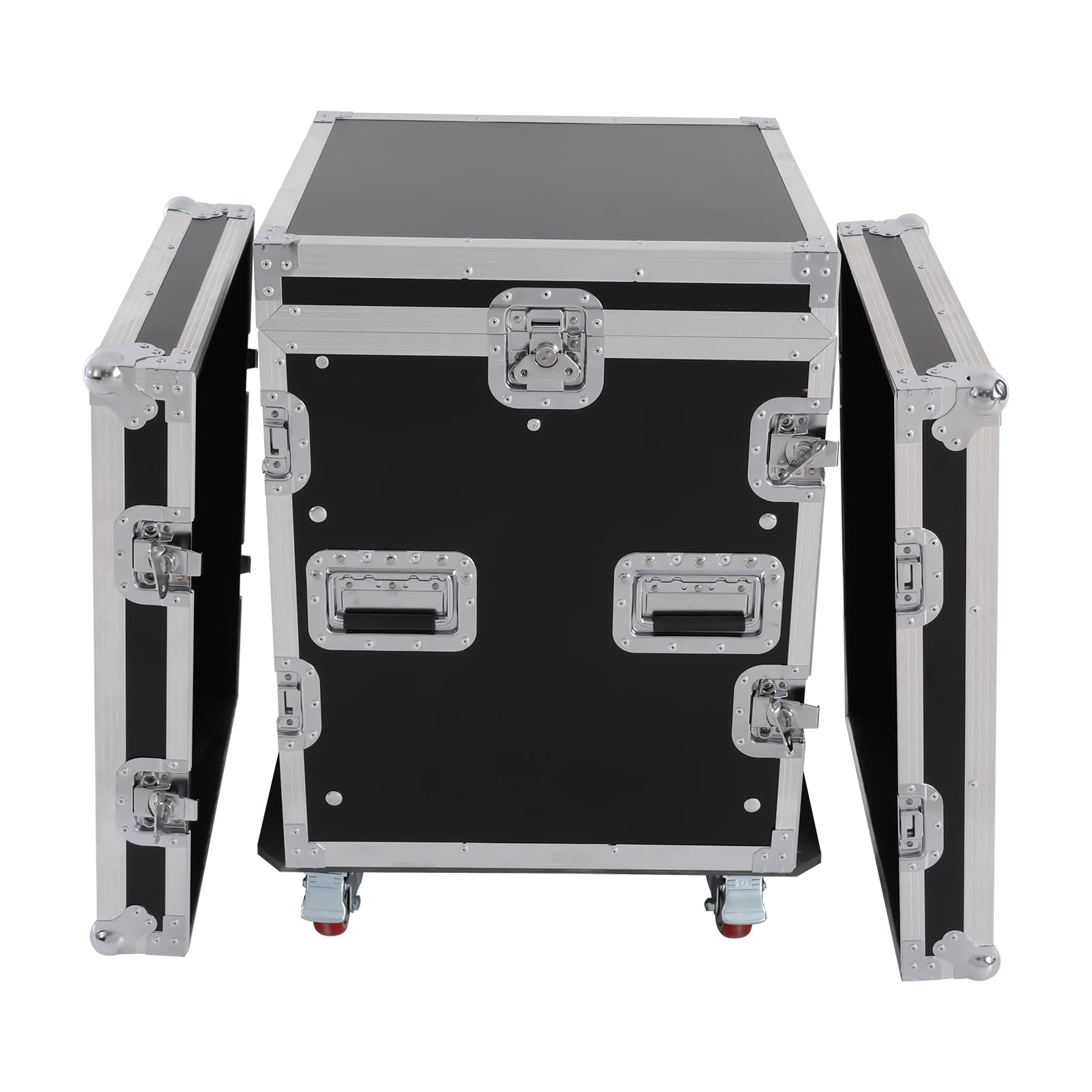 14U PA DJ Audio Rack Road Case with Slant Mixer Top, Rolling DJ Equipment Rack with Locking Casters, Heavy Duty Plywood Pro Audi