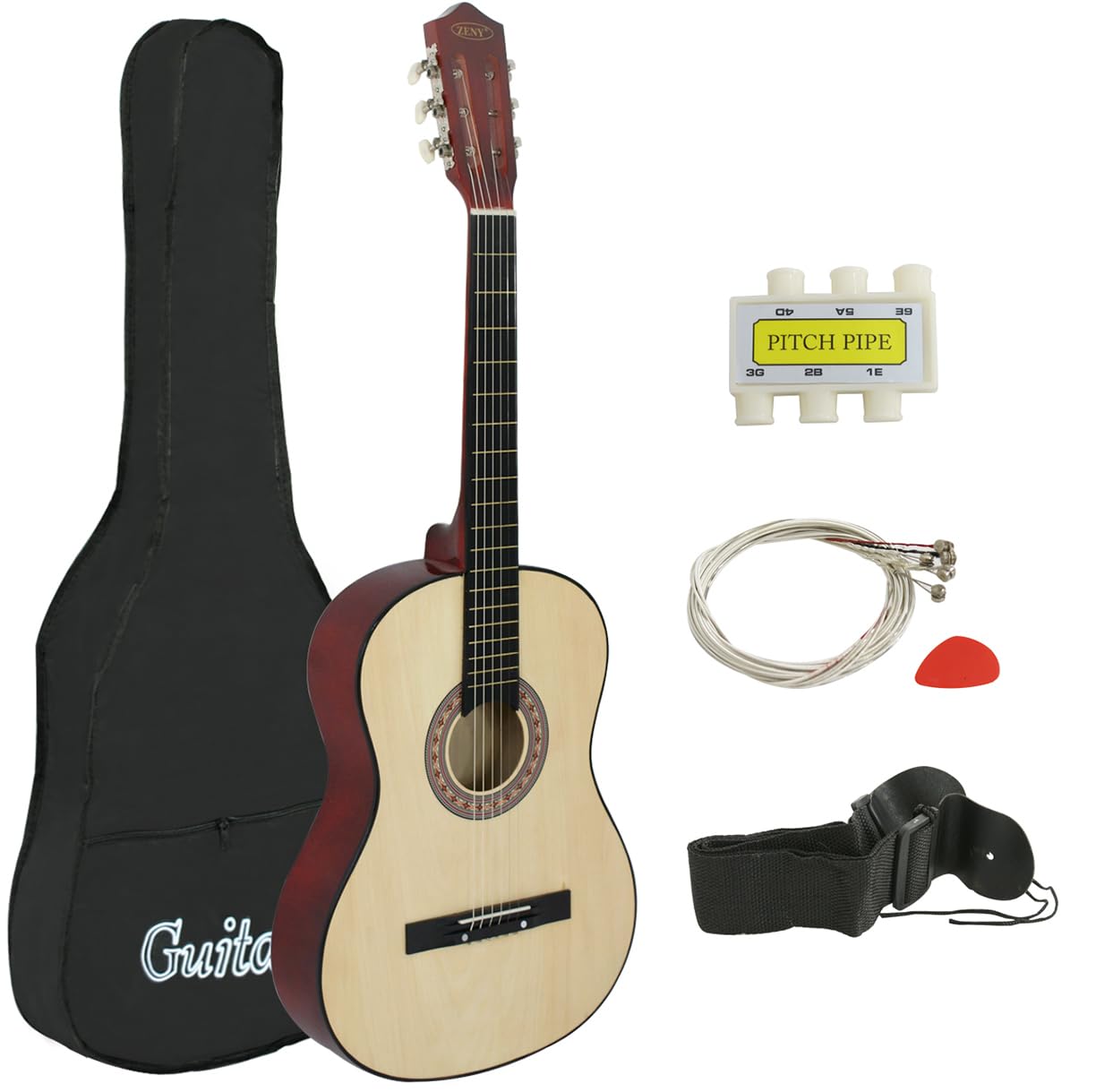 Zeny 38'' New Beginners Acoustic Guitar With Guitar Case, Strap, Tuner And Pick (Natural)