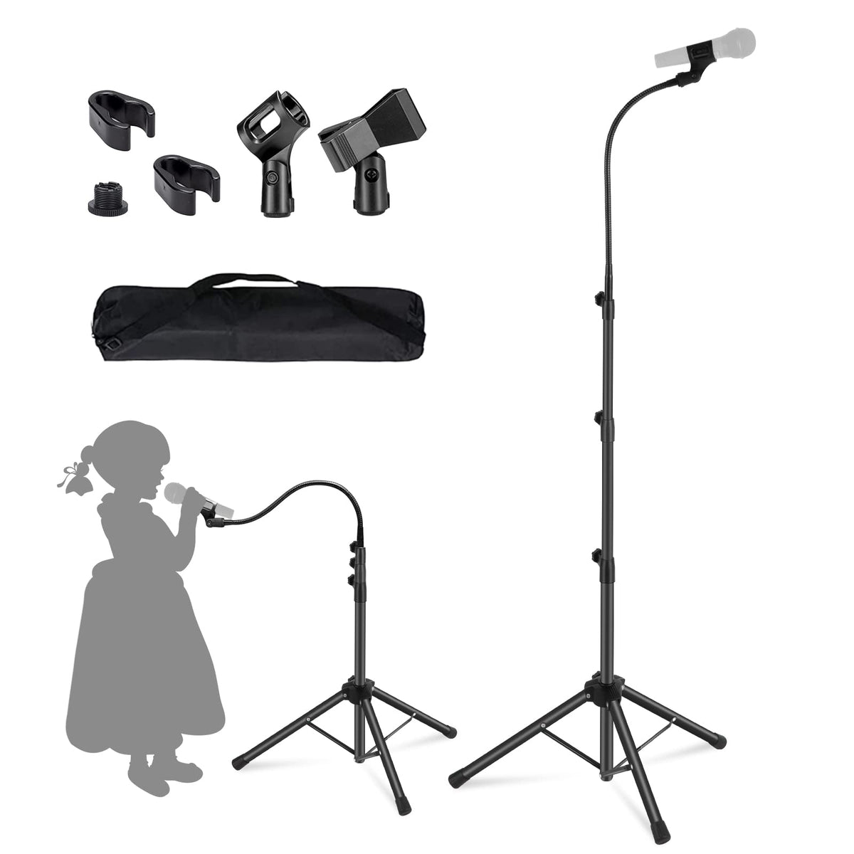 Boom Mic Stand-Kangziliang Mike Stand Gooseneck Microphone Stand Tripod Adjustable Height 3'- 6' With Mic Clips And 3/8'' - 5/8'