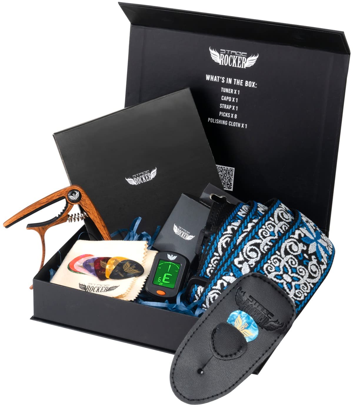 Stage Rocker Guitar Accessories Gift Box For Acoustic And Electric Guitars, Blue Jacquard Weave Guitar Strap, Picks, Capo, Tuner