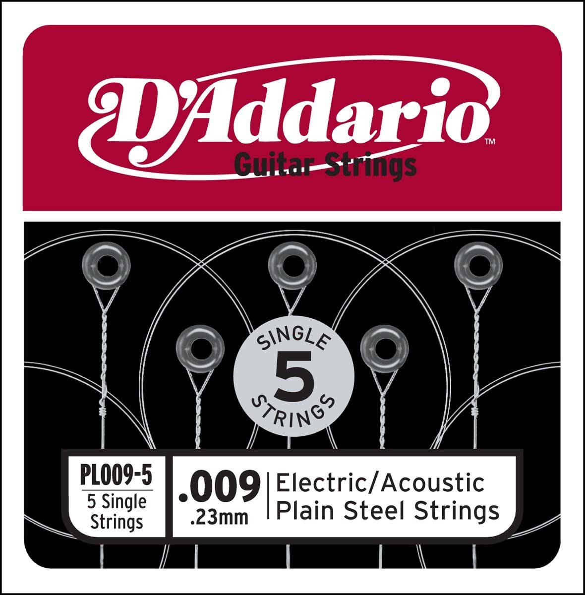 D'Addario Pl009-5 Plain Steel Guitar Single String, 009, 5-Pack