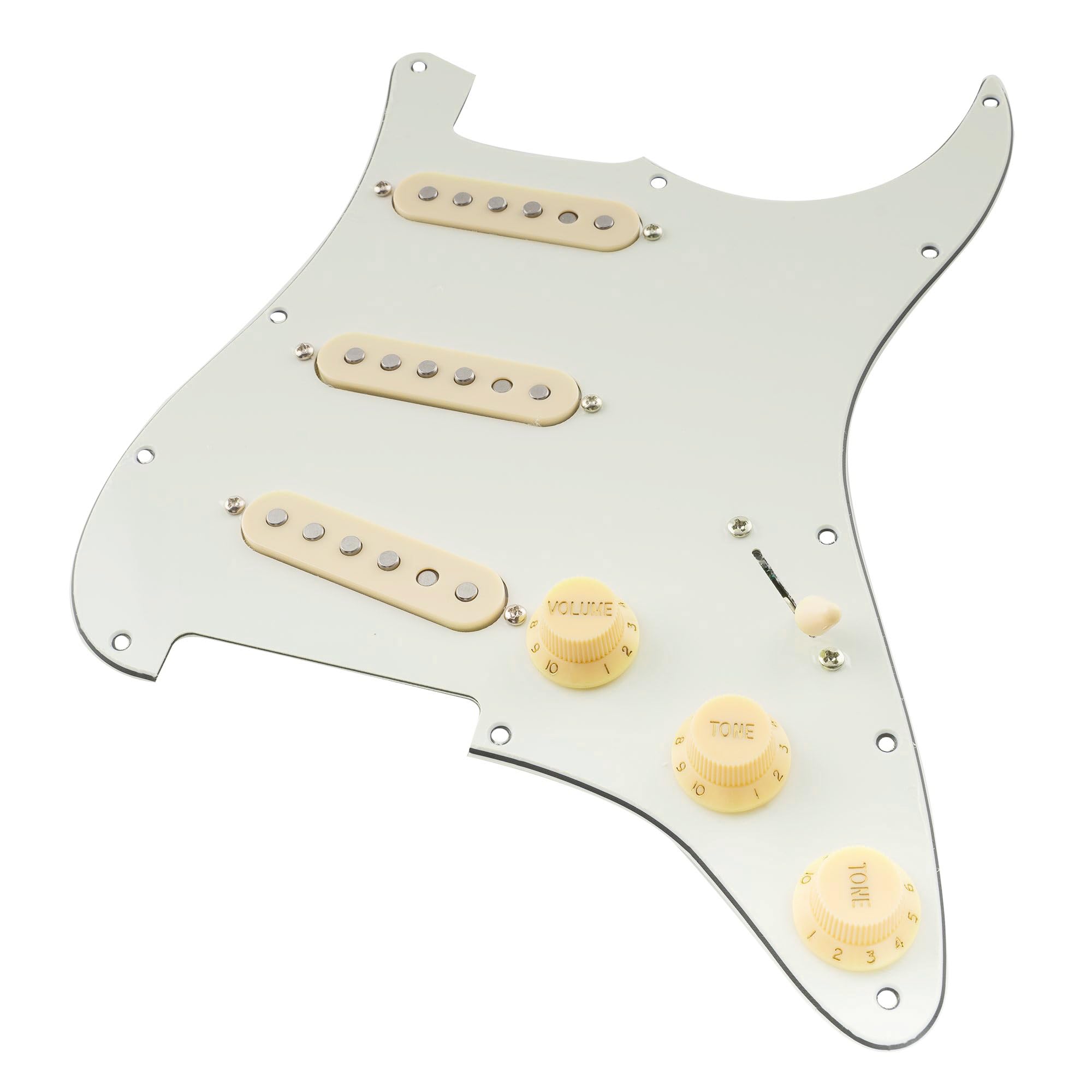 Musiclily Pro-SE ST-60SE Pre-wired SSS Pickguard with Staggered Alnico 5 Pickups for Strat Style Electric Guitar, 3Ply Aged Whit