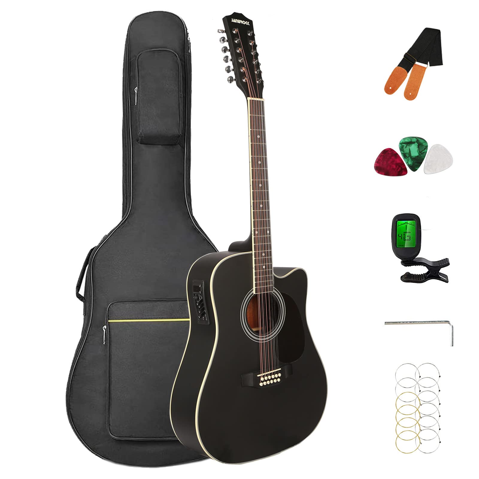 Janerock 12 String Guitar 12 String Acoustic-Electric Guitar,Cutaway Guitar,Bundle With Gig Bag,Tuner,Strings,Strap, Picks