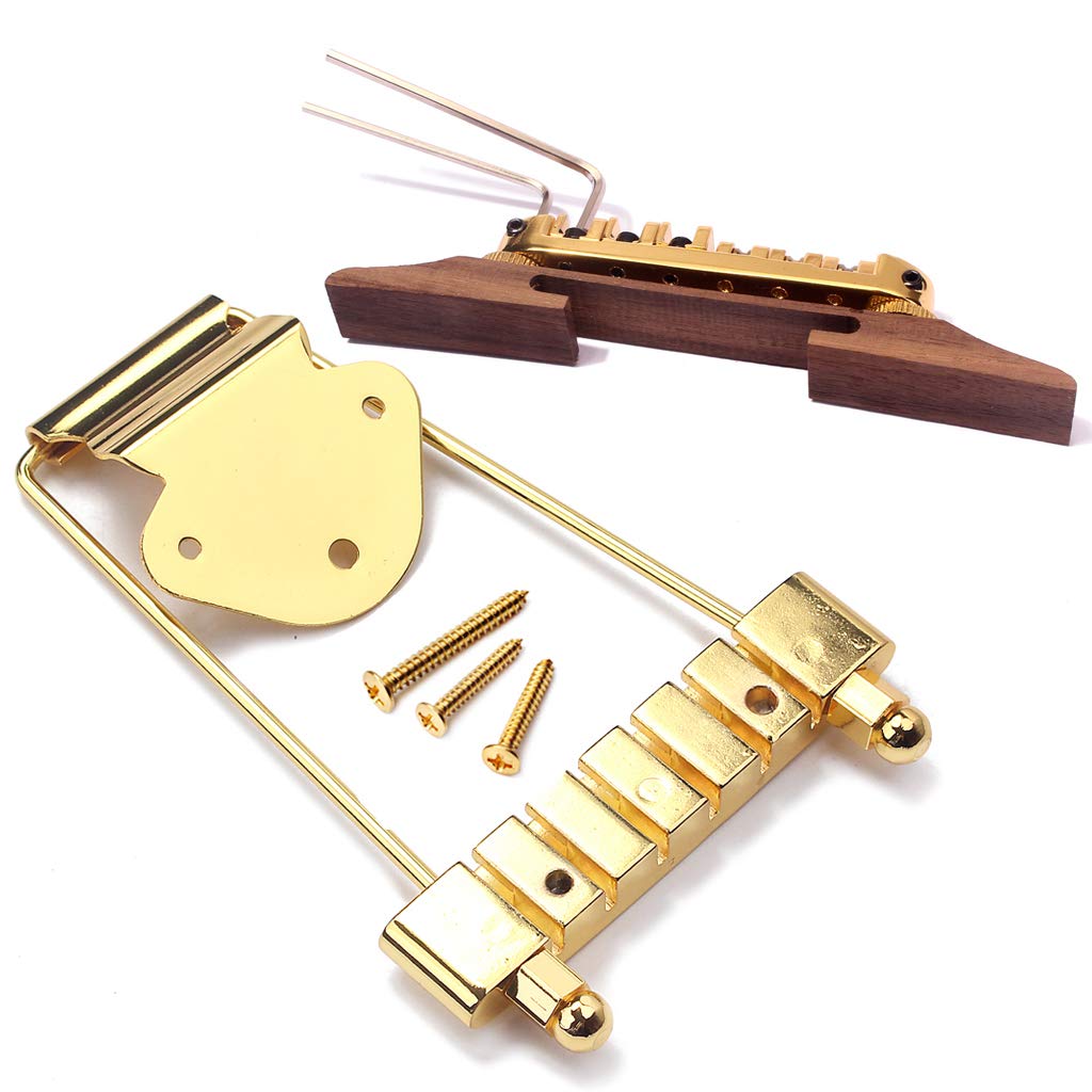 Ogdni 6 String Guitar Trapeze Tailpiece Bridge and Roller Tune-O-Matic Saddle Bridge for Jazz Archtop Guitar Replacement (GolD)