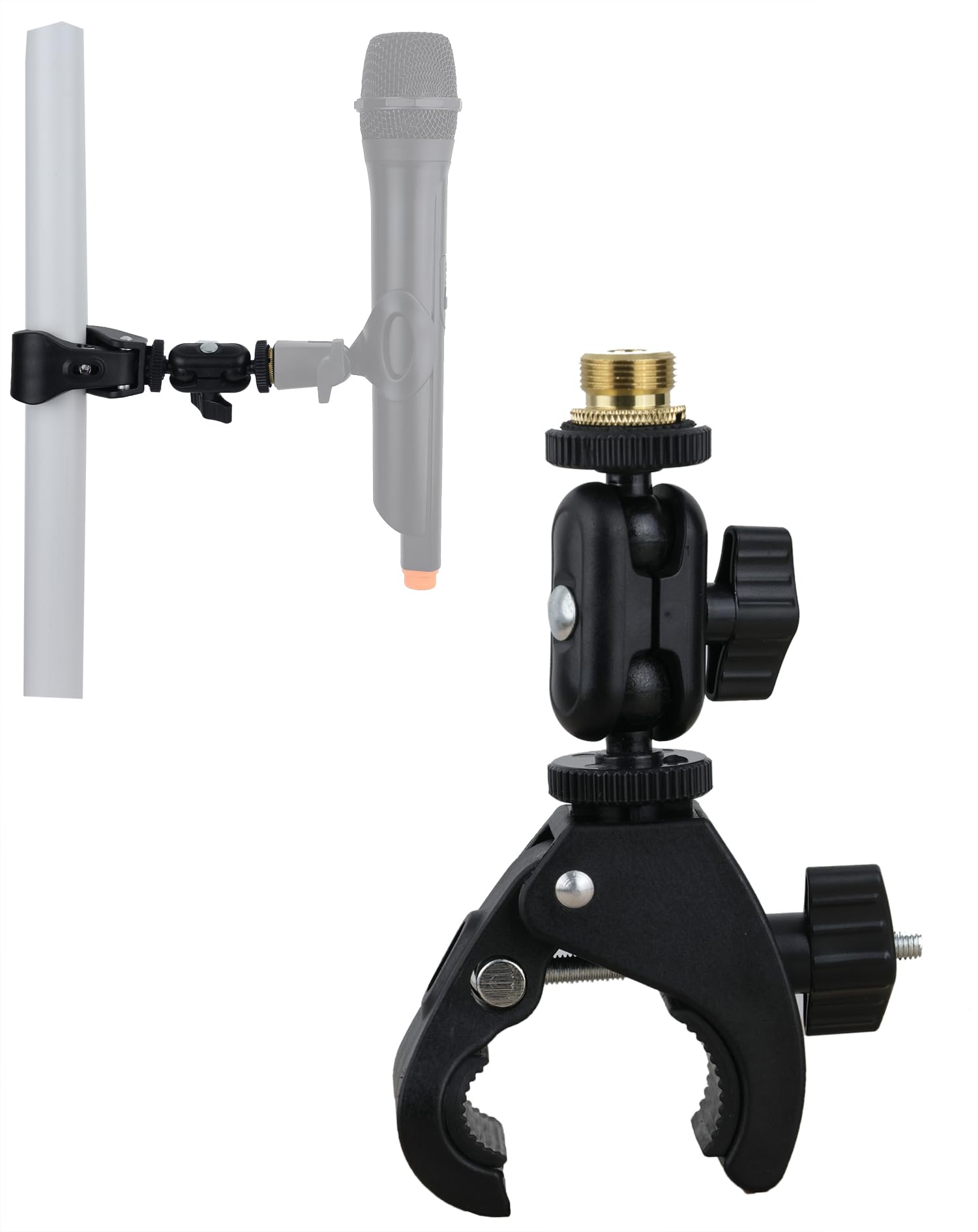 Hocoder Mic Crab Clamp Microphone Mount with Double Ball Head Adjustment 1/4  to 5/8  Copper Screw, Fits Mic Stand, Drum Stand, 