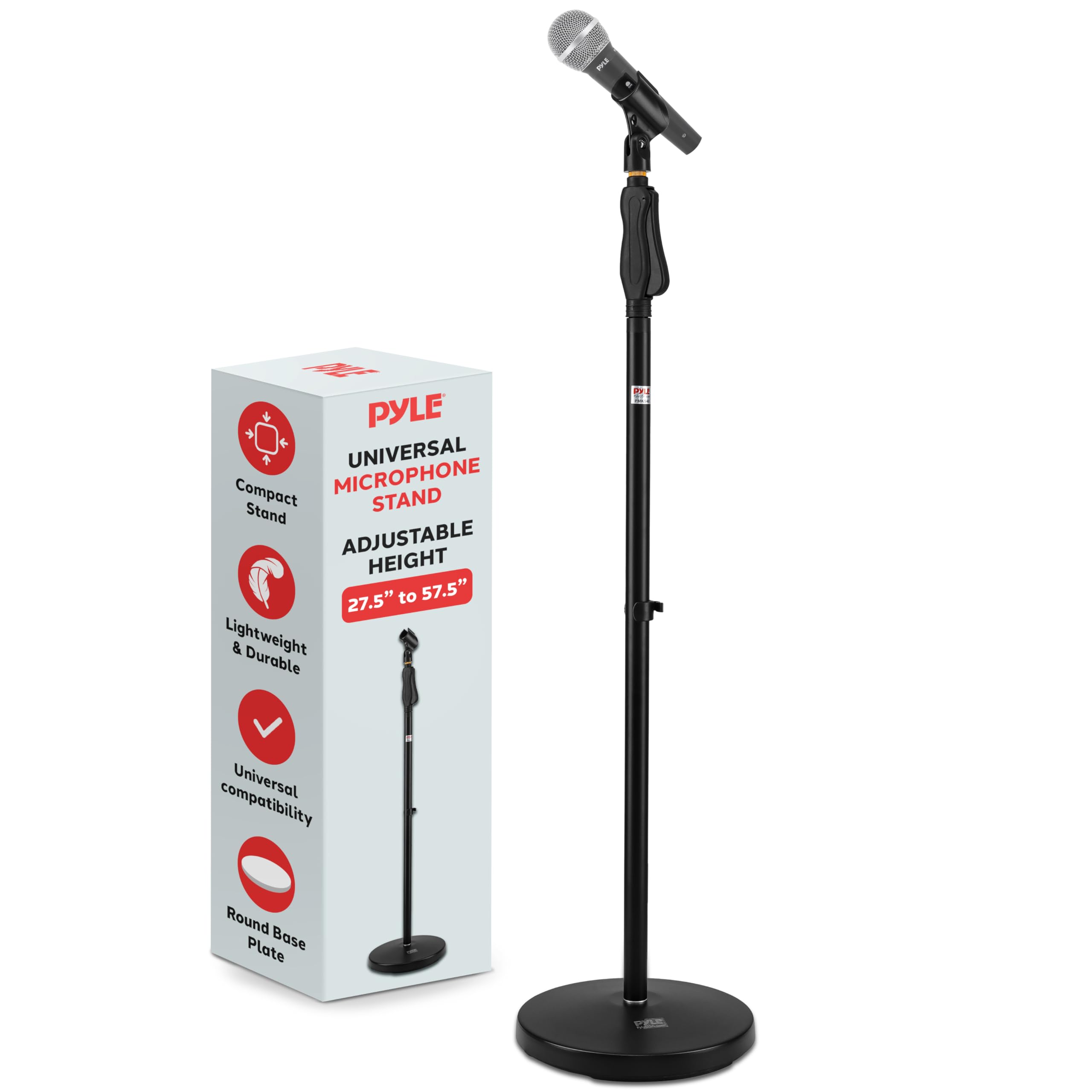 Pyle Universal Microphone Stand - M-6 Mic Mount Holder and Height Adjustable from 27.5    to 57.5    Inch High w/ Compact Round 