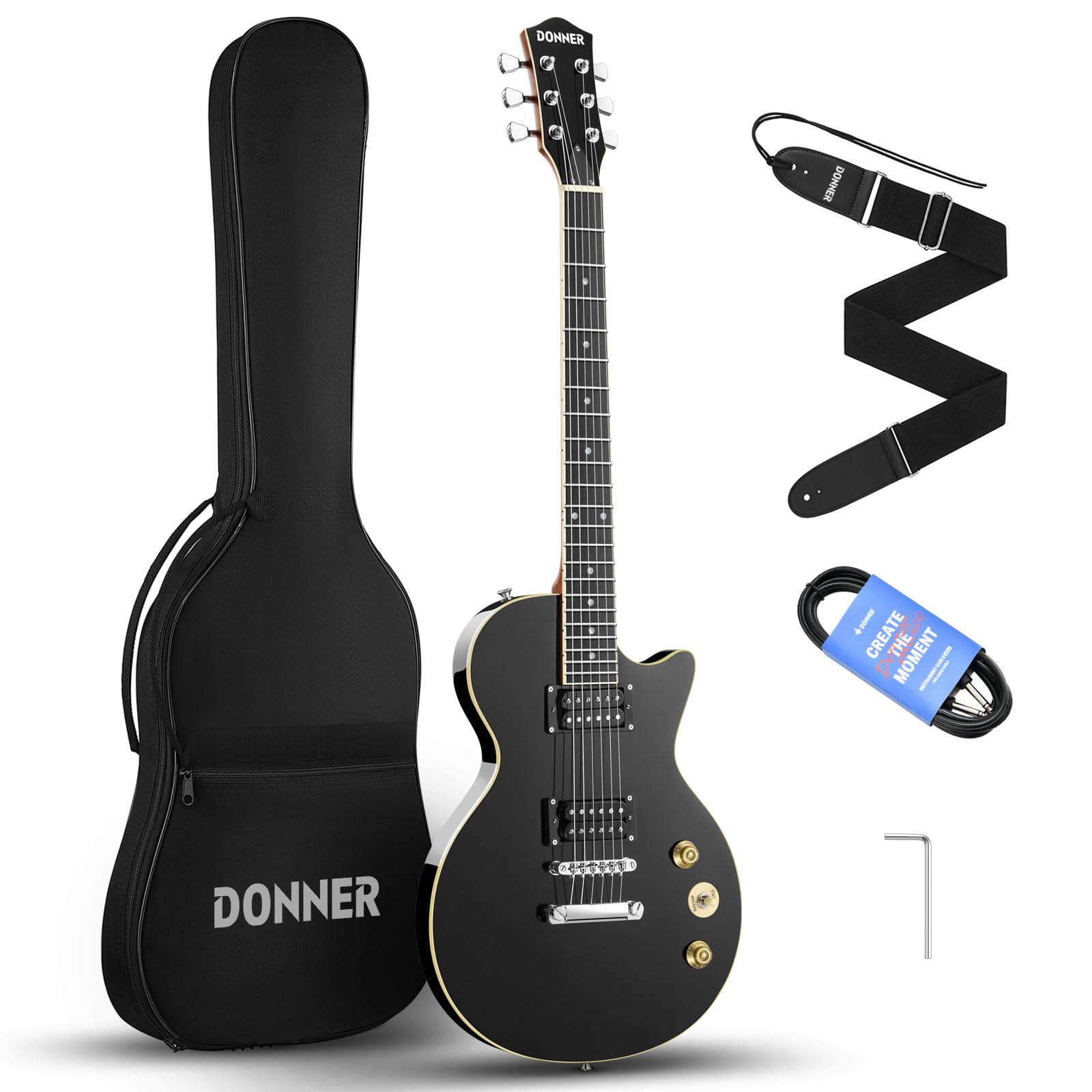Donner Electric Guitar LP Solid Body, Full-Size 39 Inch Electric Guitar Beginner Kit Black with Bag, Cable, Strap, DLP-124B