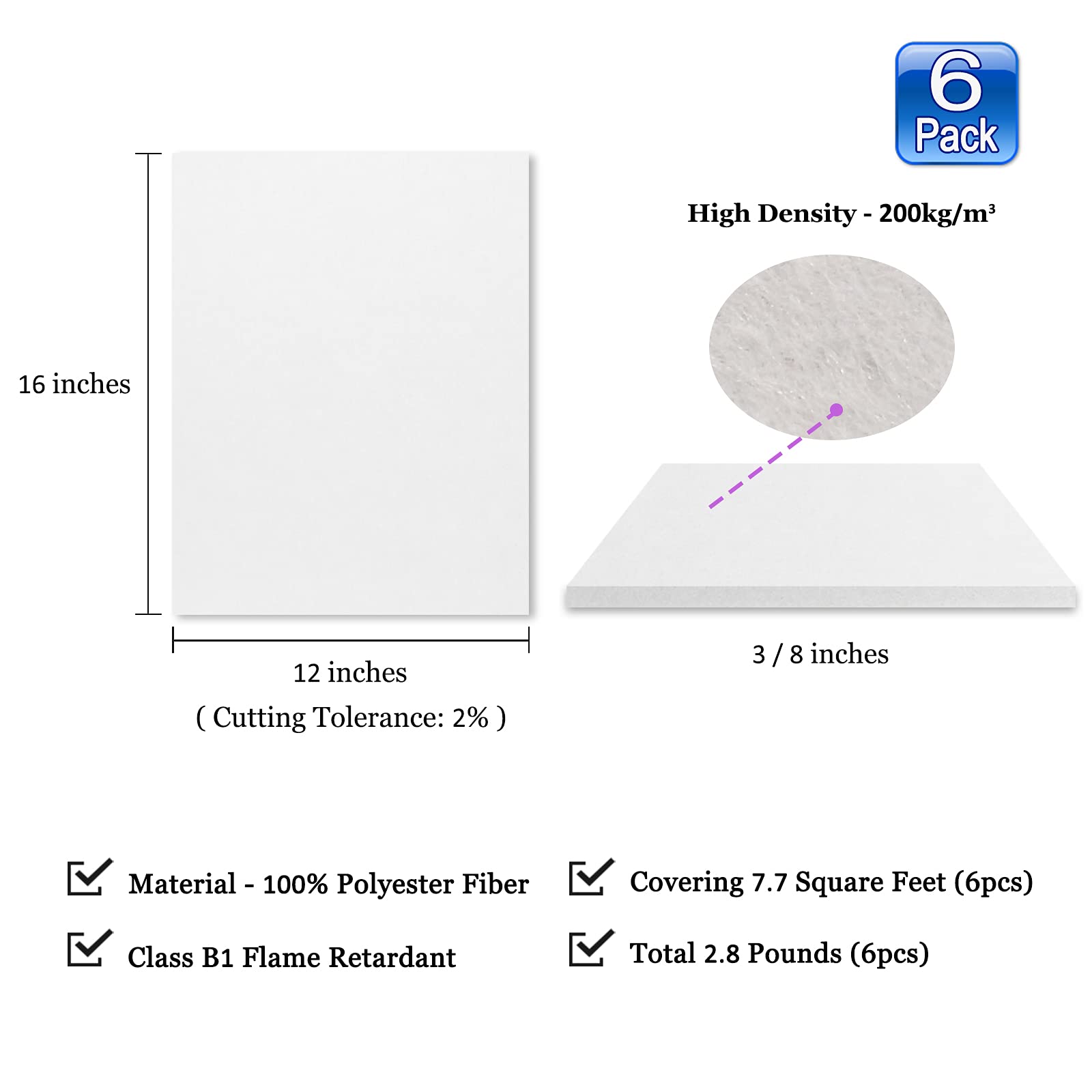 BXI Sound Absorber - 16 X 12 X 3/8 Inches 6 Pack High Density Acoustic Absorption Panel, Sound Absorbing Panels Reduce Echo Reve
