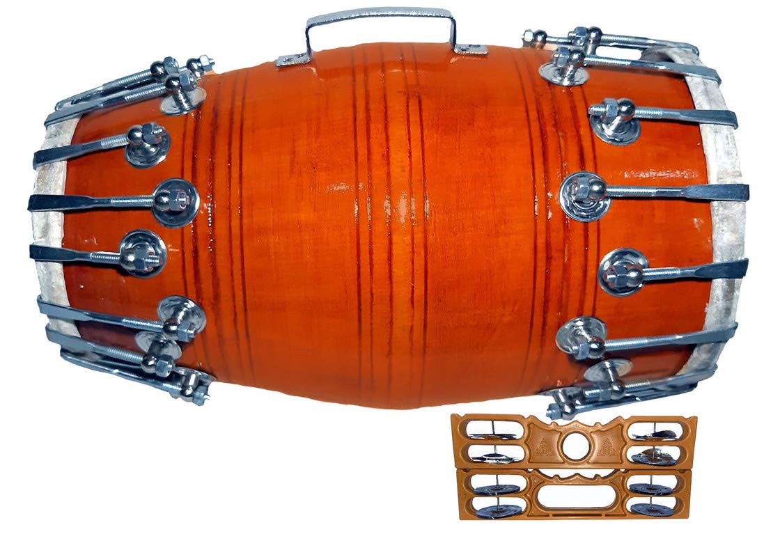 Gt Manufacture Wooden Nut & Bold Goat Skin Dholak With Khartak & Beautyfull Shiny Colour(Orange)