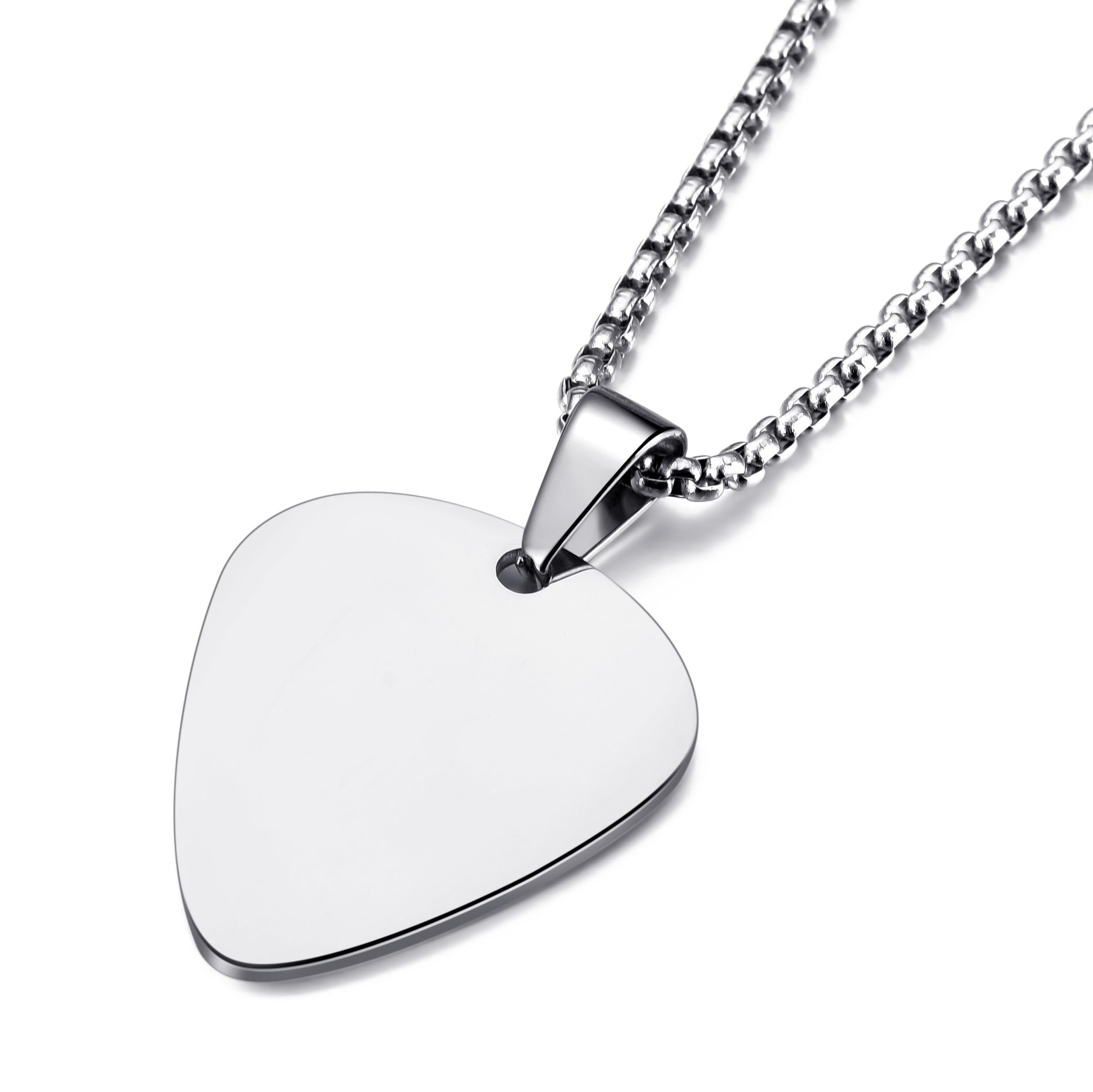 Moo&Lee Guitar Pick Necklace For Men Women Guitar Pendant 24 Inch Stainless Steel Chain, Silver