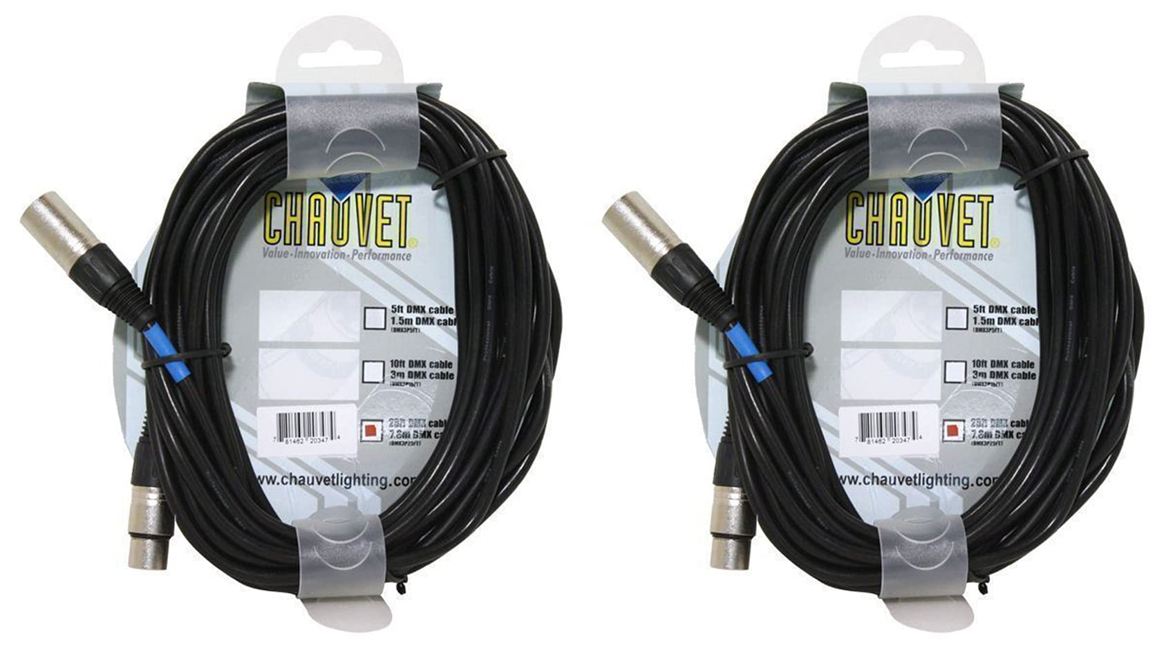 Pair of 2 Chauvet 25 Foot Male 2 Female 3 Pin DMX Light Cables