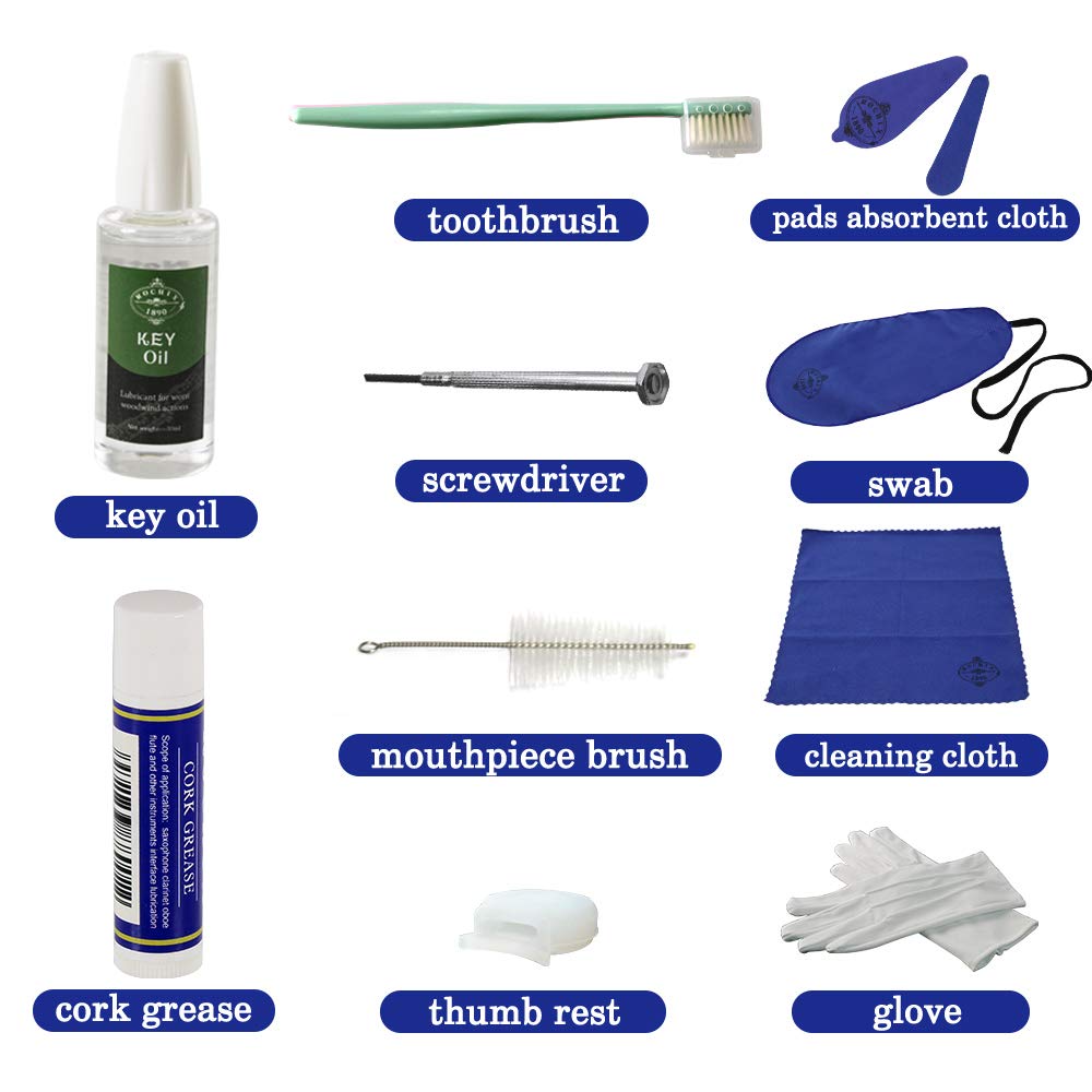 Clarinet Cleaner Care Cleaning Kit,Maintenance Kit,Key Oil,Cork Grease,Swab,Cleaning Cloth,Thumb Rest,Mouthpiece Brush and More(