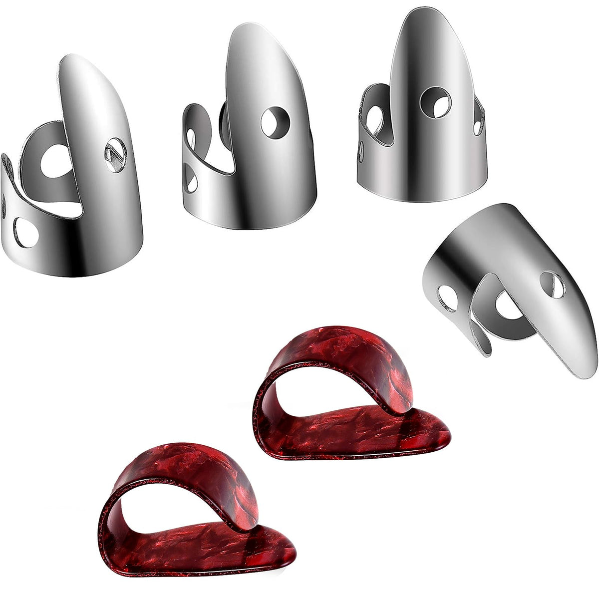 Shappy 6 Pcs Banjo Finger Picks Set Stainless Steel Adjustable Finger And Thumb Picks For Guitar (Silver, Red)