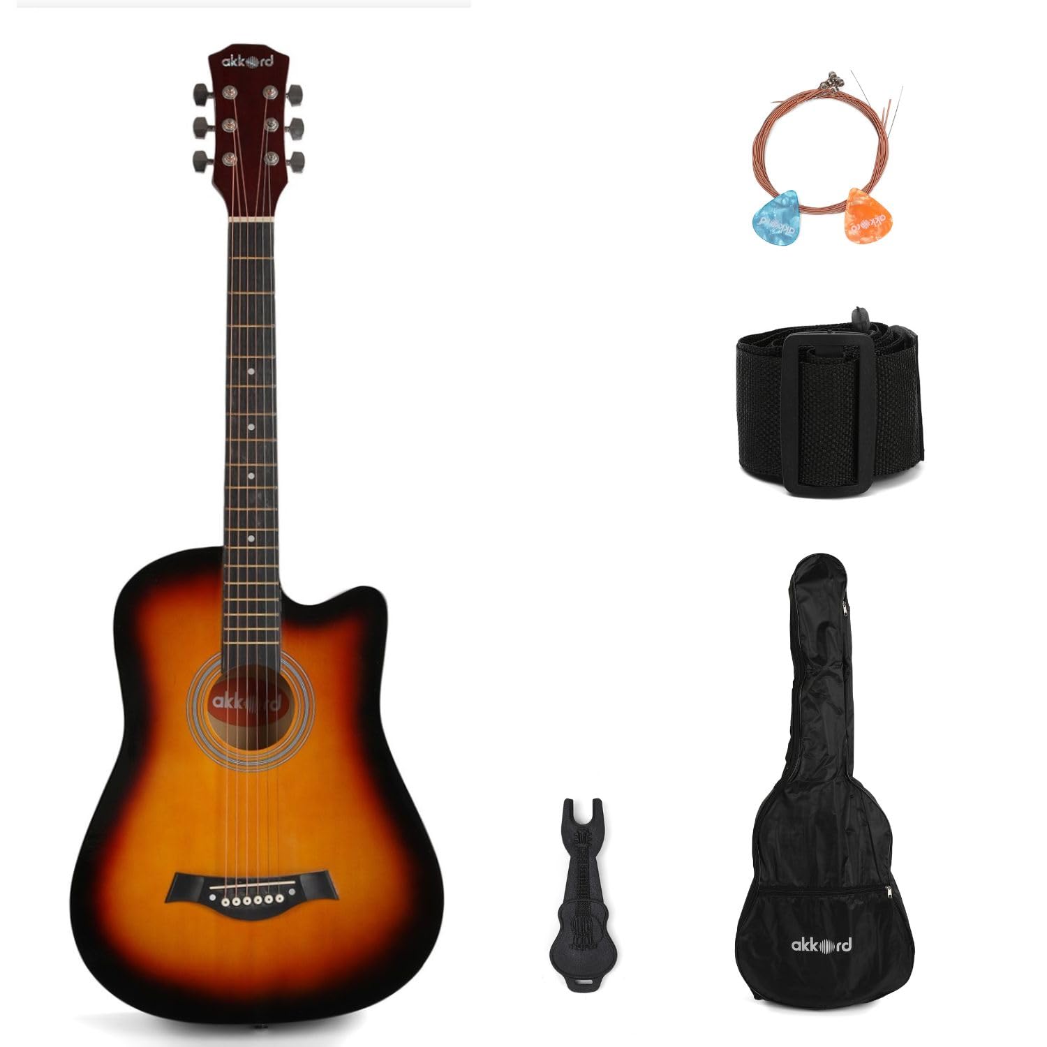 Akkord 38 Inch Basswood Acoustic Cutaway Guitar Kit,With Gigbag, Strings, Picks, Strap And Key, Glossy Sunburst