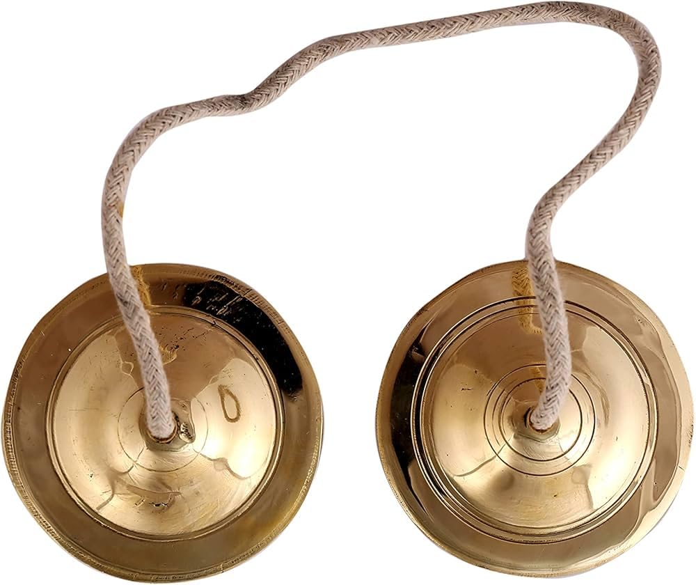 Pure Source India Manjeera Brass Hand Cymbals Pair, Antique Gold, 3 Inch, For Pooja, Temple And Kirtan