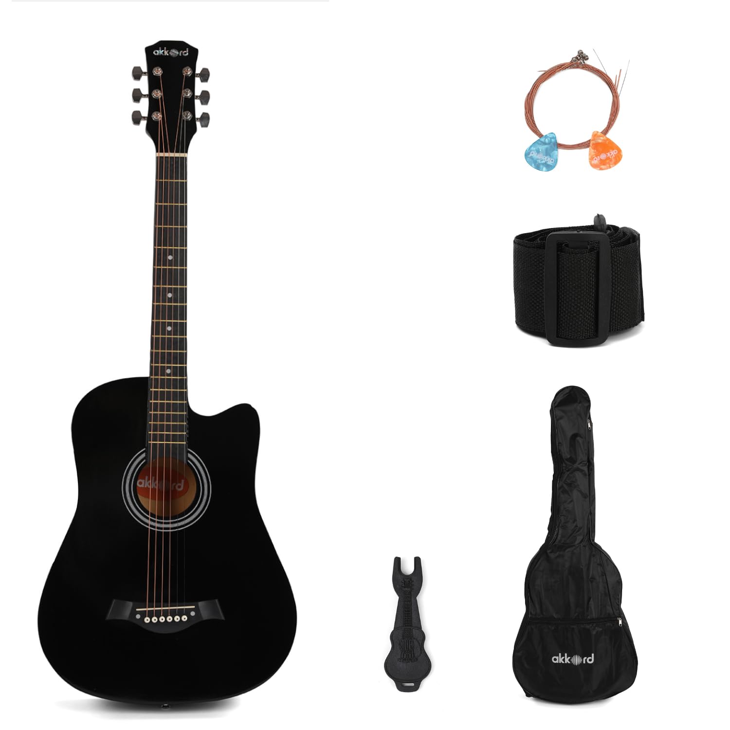 Akkord 38 Inch Acoustic Cutaway Guitar Kit,With Gigbag, Strings, Picks, Strap And Key, Glossy Black