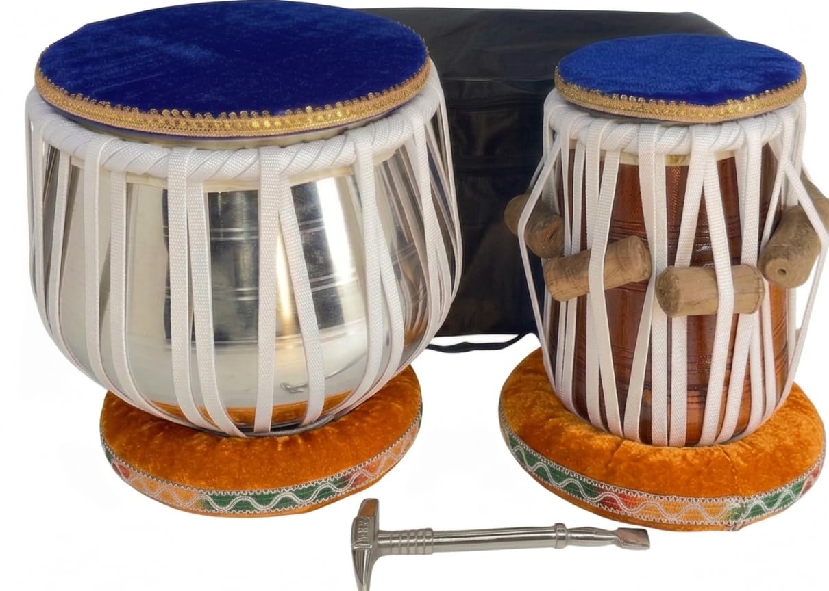 Fateh Chrome Steel Bayan And Wooden Dayan Tabla Set, Silver And Brown, With Cushion Rings, Tuning Hammer And Carry Bag