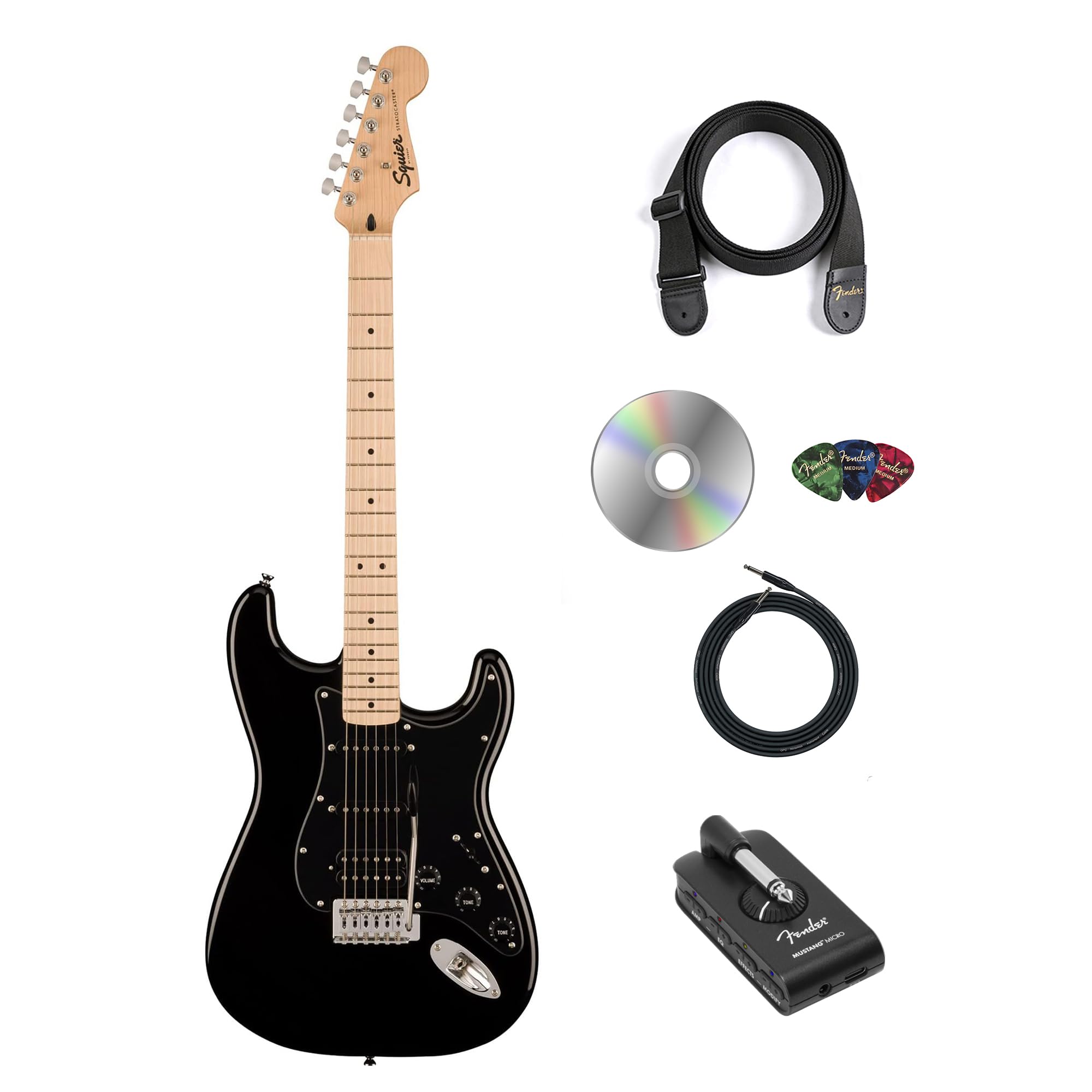 Fender Squier Sonic Stratocaster HSS - Black Bundle with Fender Mustang Micro Headphone Amplifier, Strap, Cable, Picks, and Aust