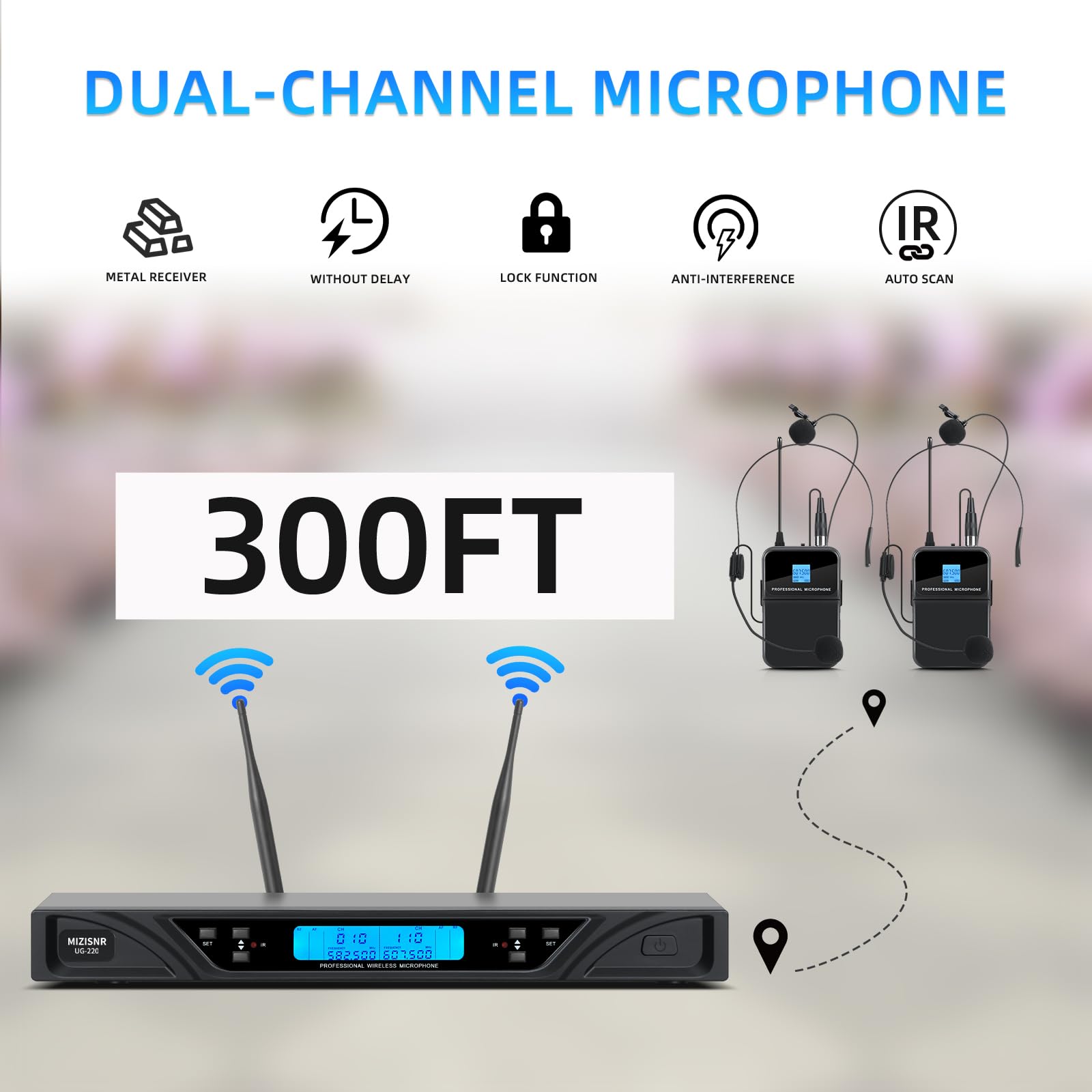 MIZISNR Wireless Lapel Microphone System, 2x100 Adjustable Frequencies Headset & Lavalier Mic Set, 300ft Range UHF Lavalier Mics