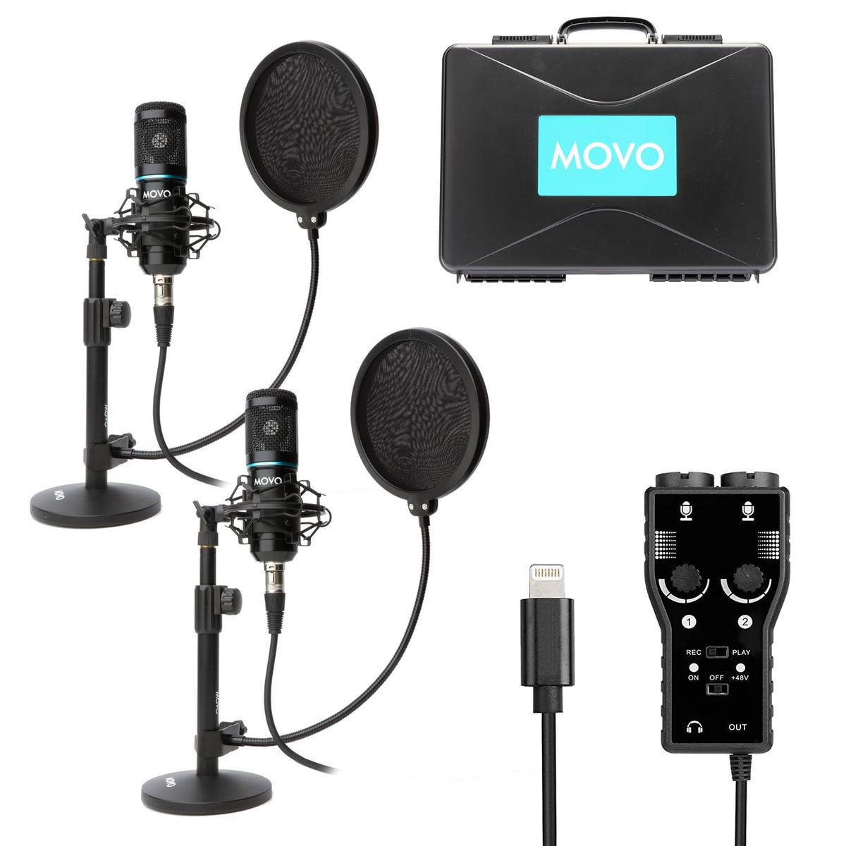 Movo Iphone Podcast Equipment Bundle - 2 Pack Condenser Microphones, 2 Desktop Mic Stands, 2 Pop Filters, 2-Channel Xlr Interfac