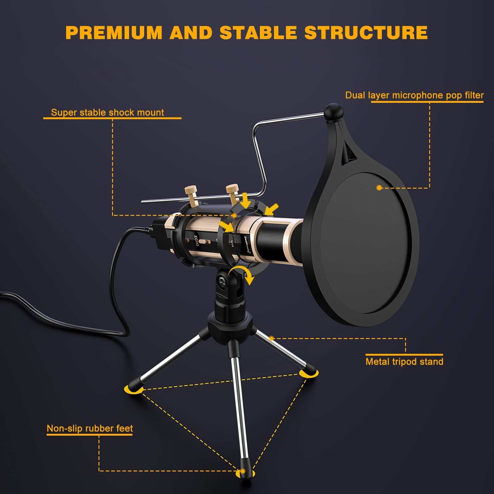 ZealSound Microphone,USB&3.5mm Mic W/Type-C Adapter for i-Phone Computer phone,Condenser Microphone with Echo Volume,Tripod Stan