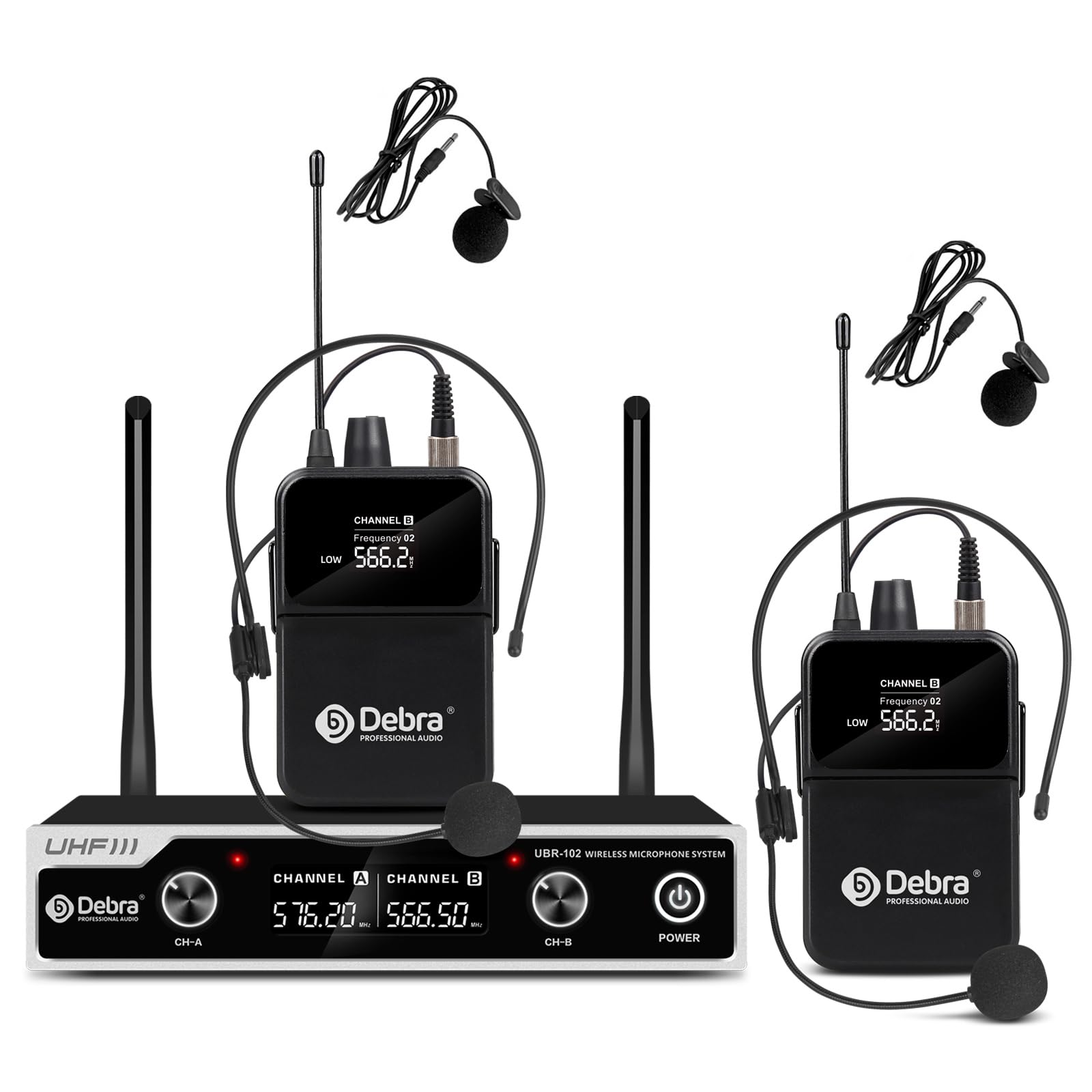 Wireless Microphone System D Debra Uhf Ubr-102 With Cordless Handheld Lavalier Headset Mics, 260Ft Range, Suitable For Church, L