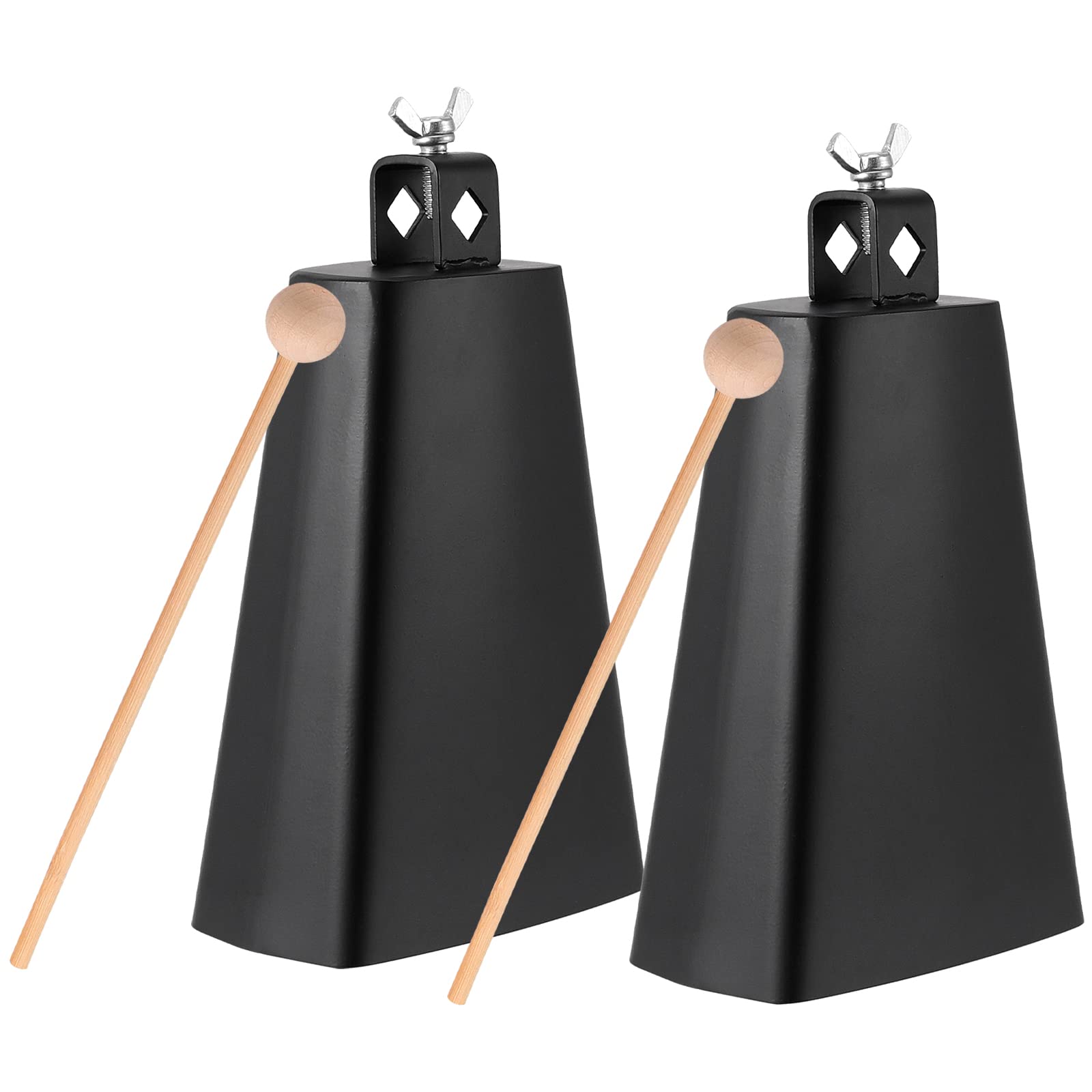MANCHAP 2 Pack 8 Inch Cow Bell with Stick, Cowbells Noise Makers with Handle, Metal Cowbell for Drum Set, Sports, Home, Farm, Bl
