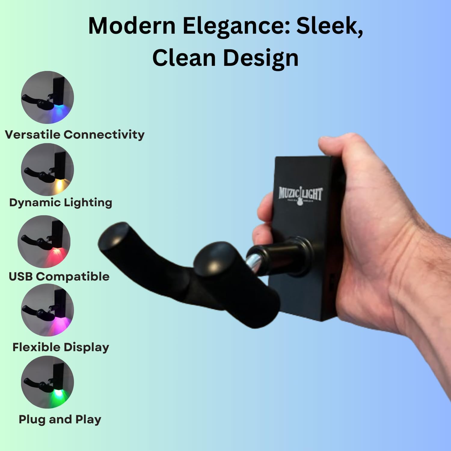 MuzicLight Light Up Wide Neck Guitar Wall Mount Bracket or Holder for Electric Guitars, 7 String Bass, or Concert Acoustic Guita