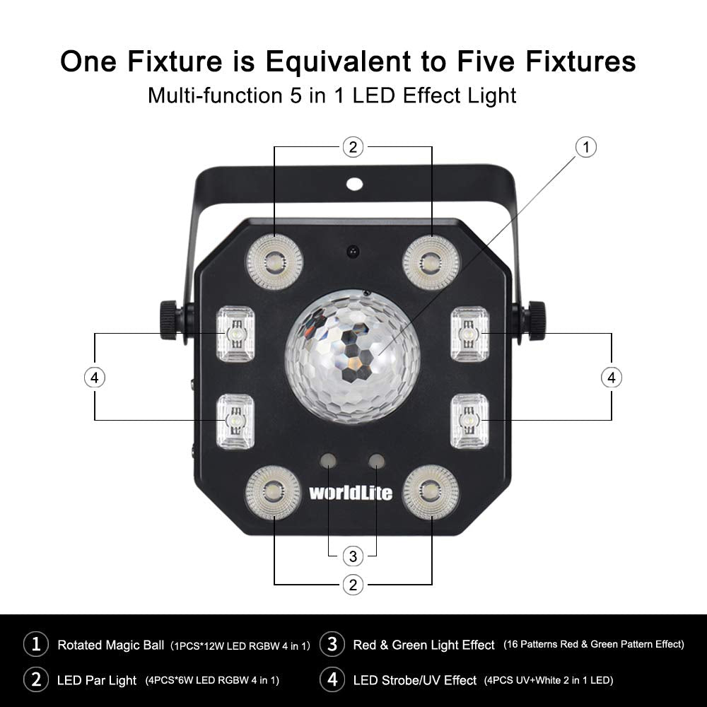 Stage Lights DJ Lights, WorldLite LED Effect Light 5 in 1 with Magic Ball, LED Par Pattern Lights and LED Strobe/UV, Great for S