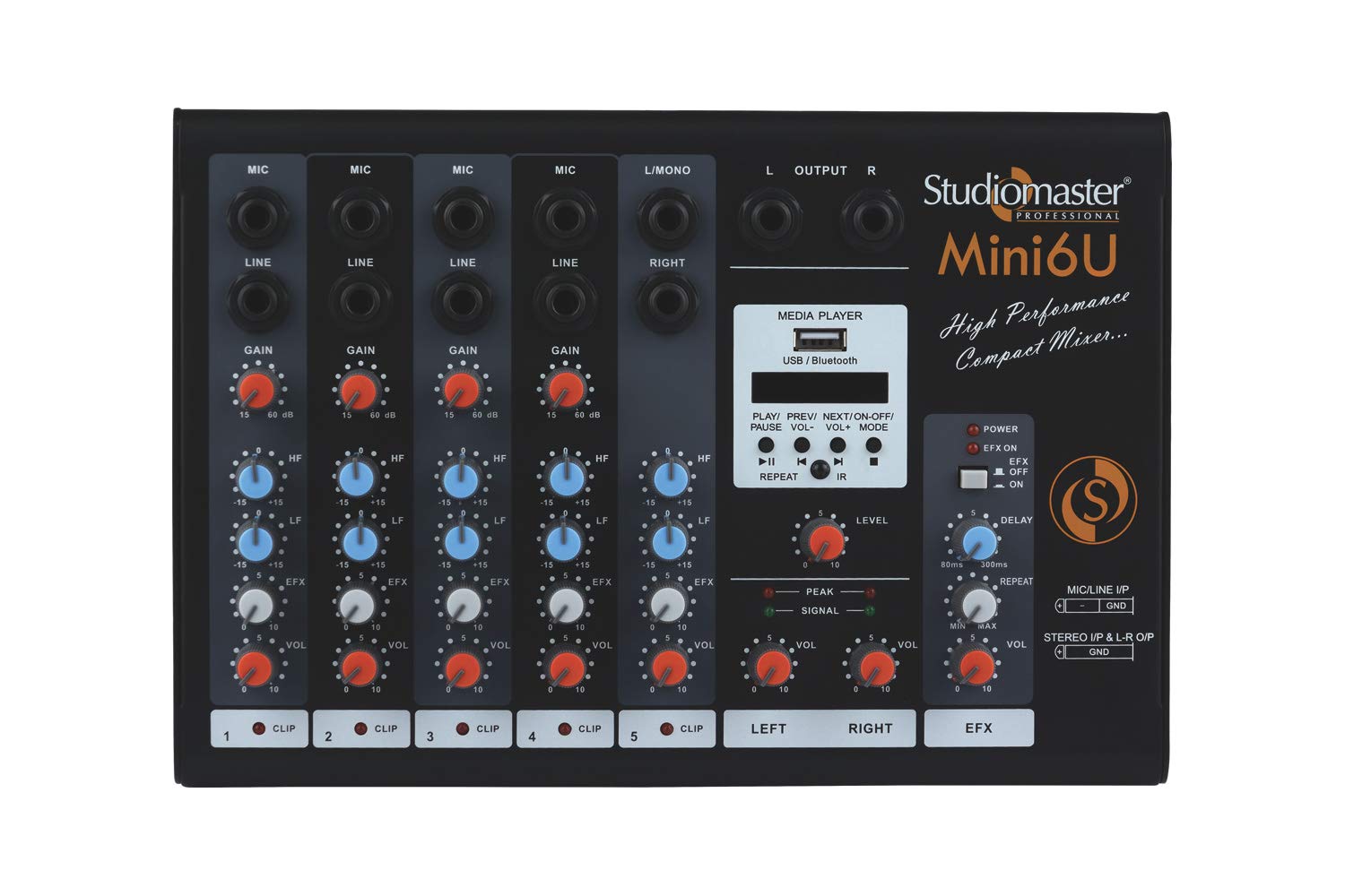 Studiomaster Mini 6U Stage Mixer (Bluetooth And Usb), Black