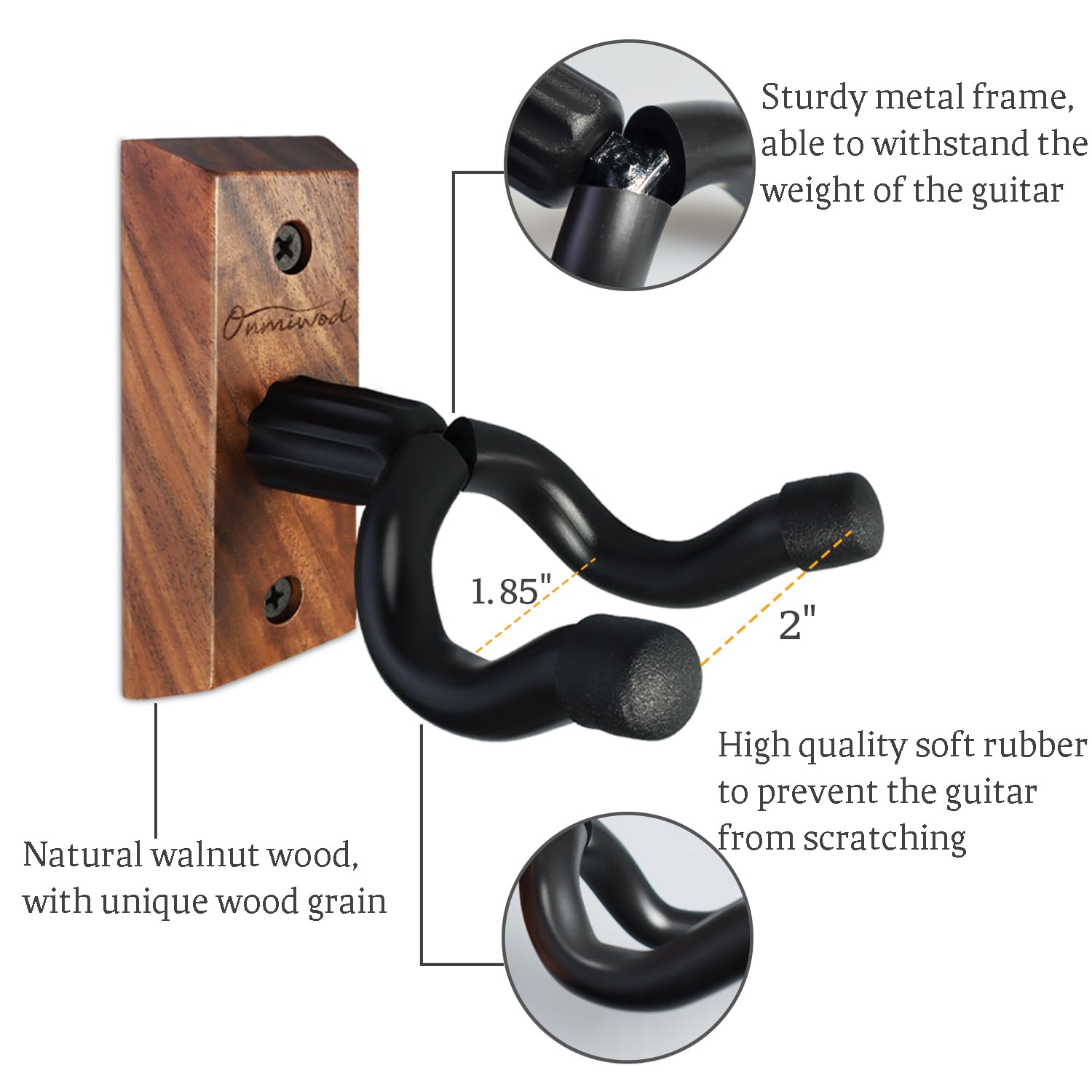Guitar Wall Mount 3 Pack, Black Walnut Wood Guitar Hanger, U-Shaped Guitar Wall Hanger Mount, Guitar Holder Hook Stand Wall for