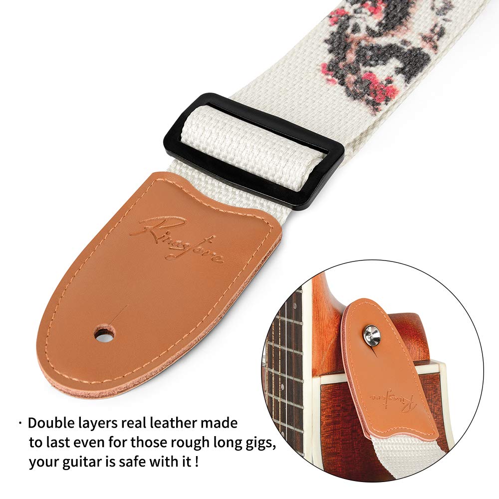 Rinastore Acoustic Guitar Strap, Embroidered Straps with Real Leather Ends for Electric & Bass Guitars with Button & 2 Locks