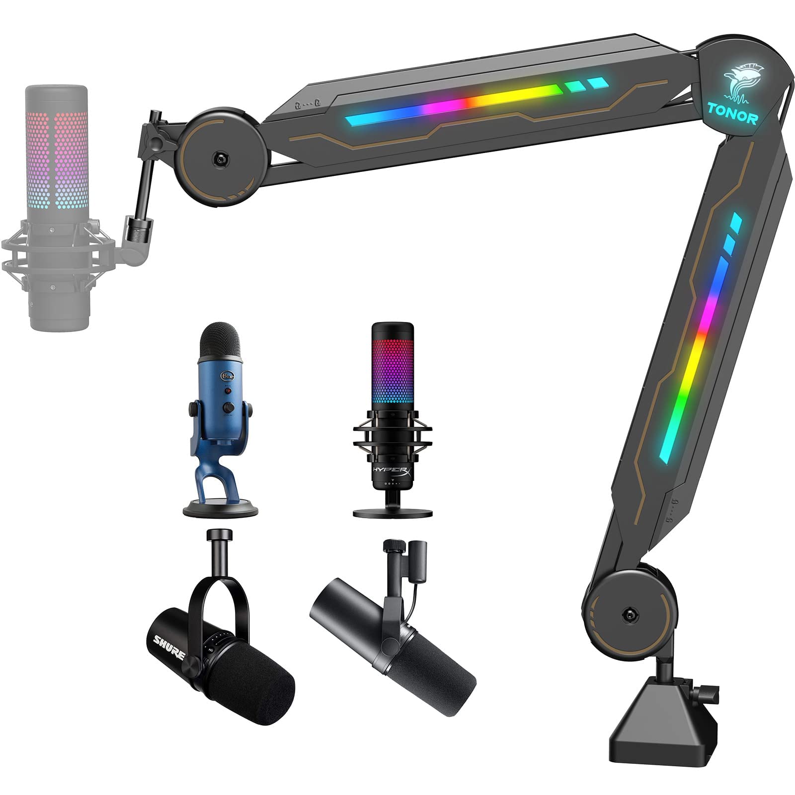Rgb Boom Arm, Tonor Adjustable Mic Stand With Rgb Light For Hyperx Quadcast/Blue Yeti/Shure Sm7B/Rode Nt1, Rotatable Suspension