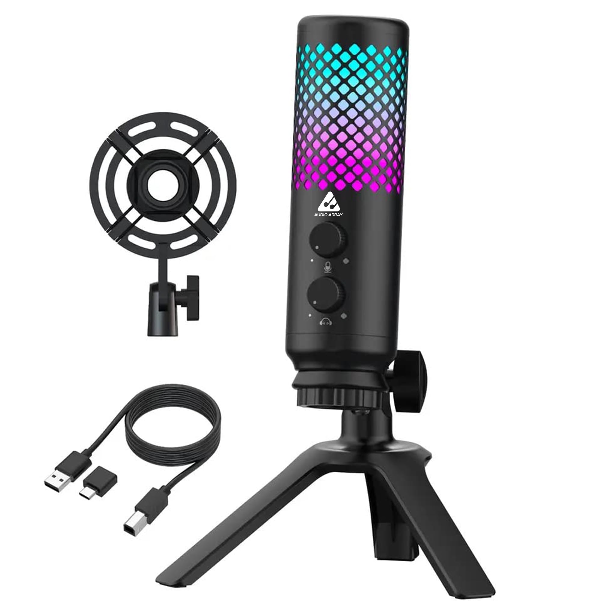 Audio Array Am-C30 Metal Rgb Professional Usb Microphone | One-Touch Mute, Gain & No-Latency Monitoring Controls | Shock Mount A