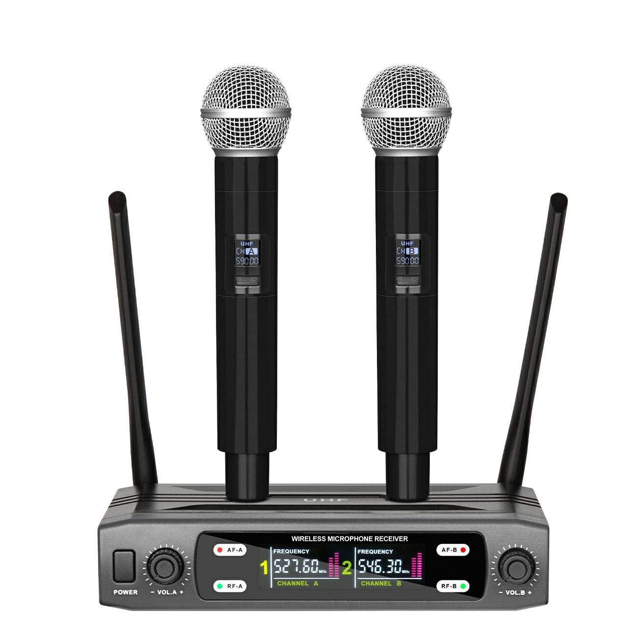Kh Uhf Dual Cordless Wireless Microphone System Handheld Dynamic Mics With Echo Control & Mini Receiver Ideal For House Parties,