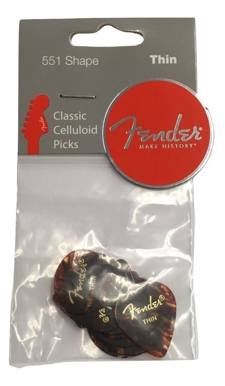 Fender Classic Celluloid Guitar Picks 551 Shape, Tortoise Shell, Thin, 12-Pack