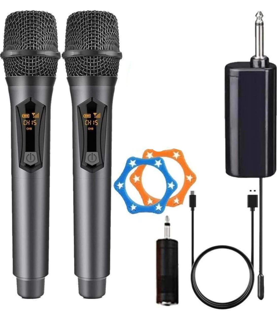 Gadgets World Uhf Dual Wireless Microphone Set, Handheld Dynamic Mic With Rechargeable Receiver, 160Ft+ Range Cordless Karaoke M