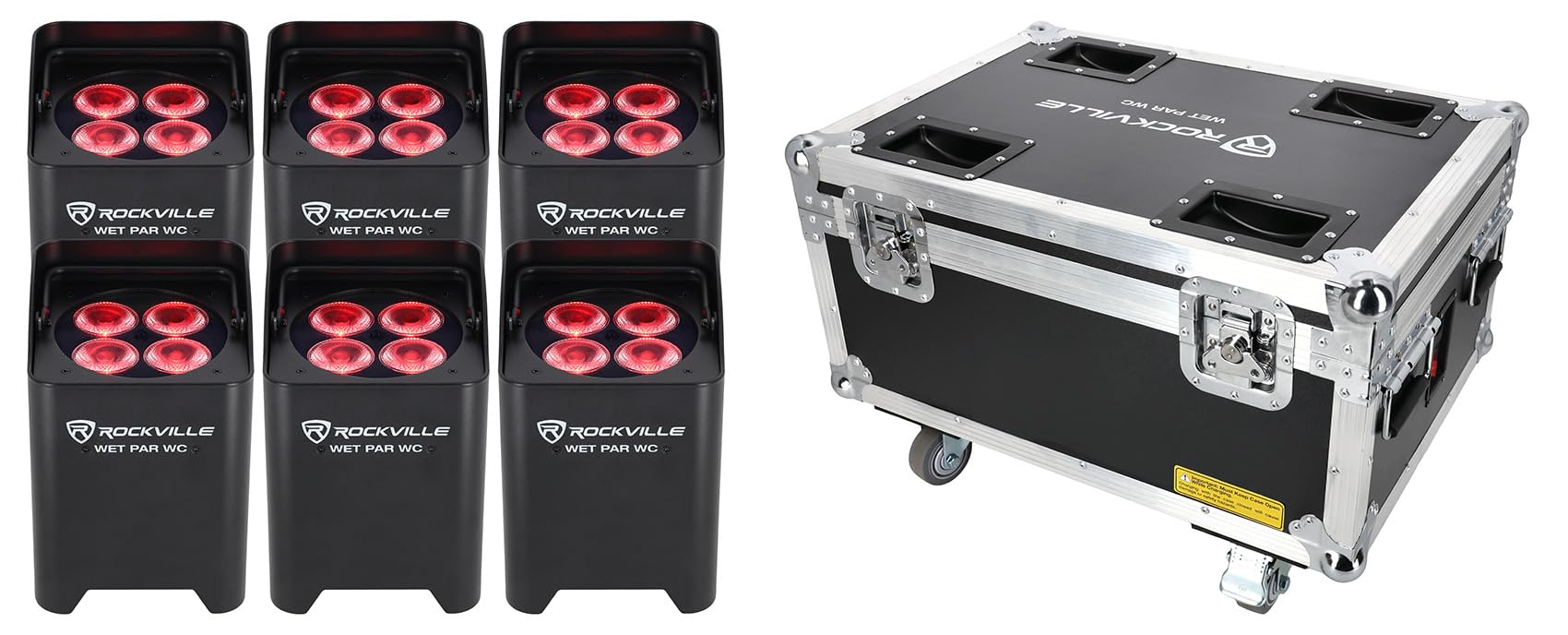 Rockville Wet PAR WC Package Black 18W RGBWA+UV Par Wash Lights, Wireless Charging Case, IP65 Water-Resistant, App-Controlled, f