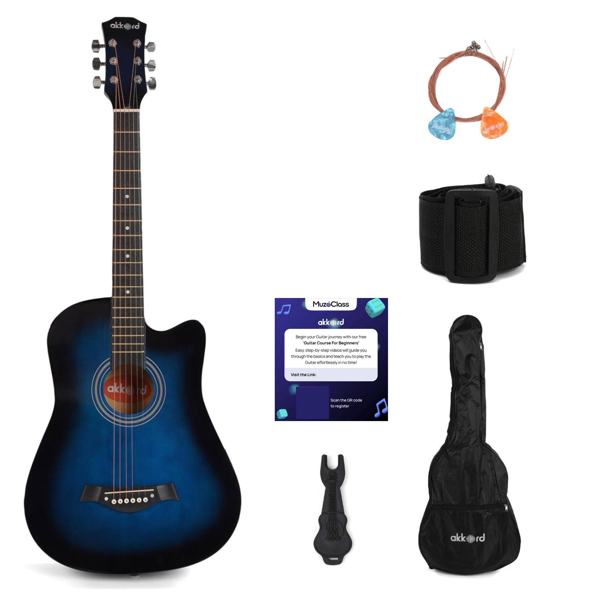 Akkord Basswood 38 Inch Acoustic Cutaway Guitar Kit With Gigbag, Strings, Picks, Strap And Key - Glossy Blue | Complete Guitar K